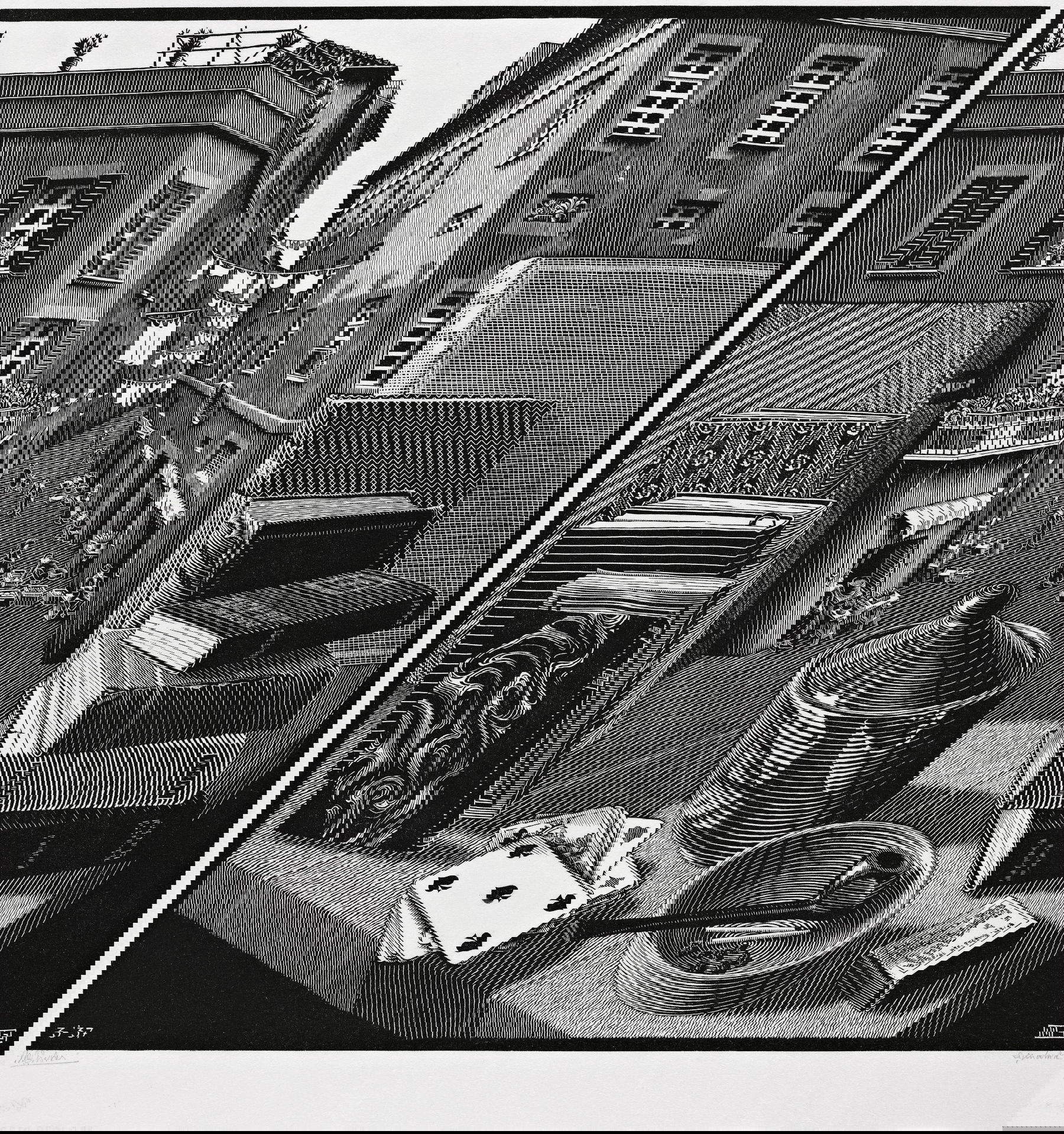 M.C. Escher, Natura morta e strada (1937; xilografia, 56,4 x 56,5 cm; L&rsquo;Aia, Kunstmuseum Den Haag) All M.C. Escher works &copy; 2025 The M.C. Escher Company. Tutti i diritti riservati