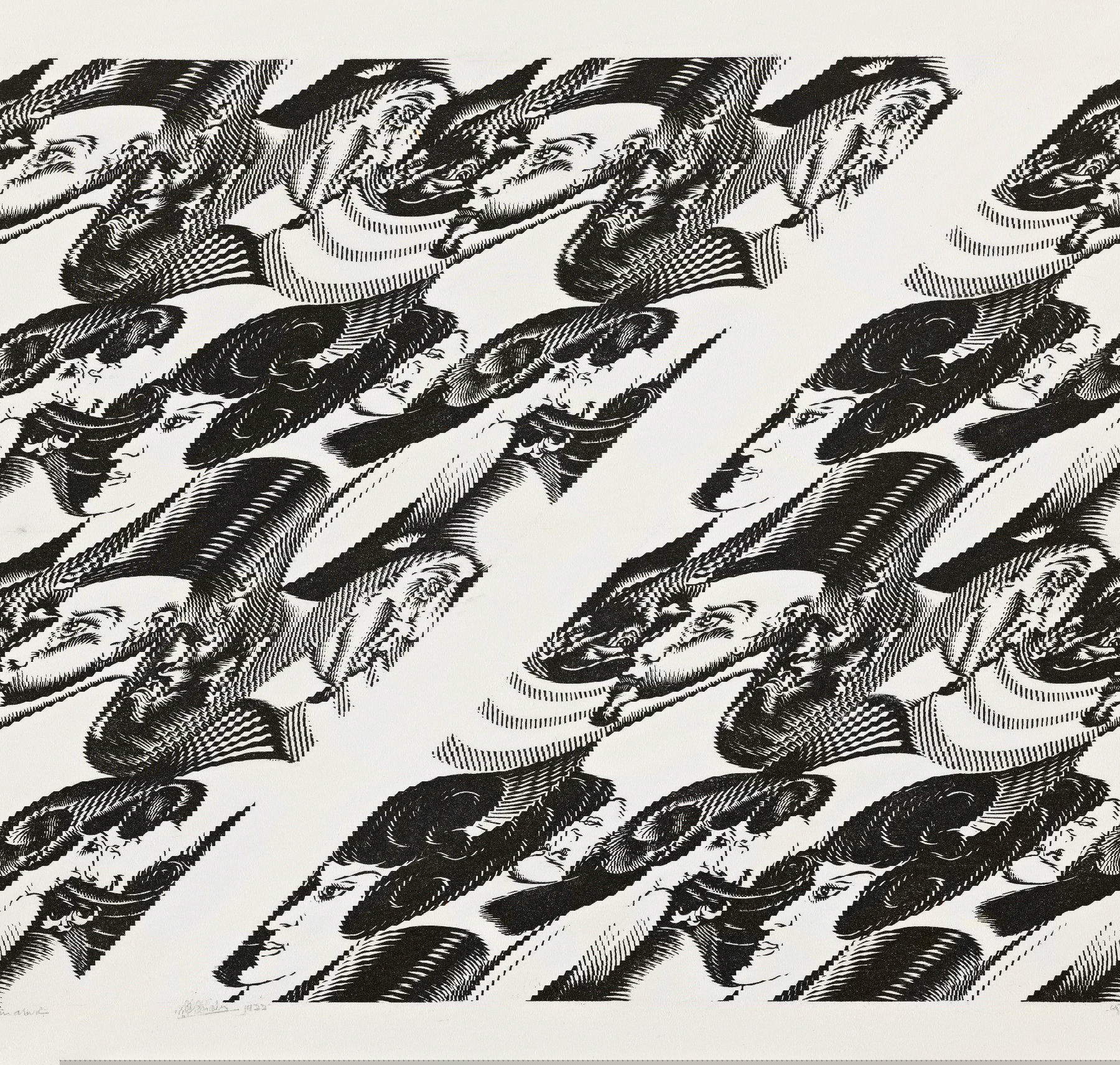 M.C. Escher, Otto teste (1922; xilografia, 32,5 x 34 cm; L&rsquo;Aia, Kunstmuseum Den Haag) All M.C. Escher works &copy; 2025 The M.C. Escher Company. Tutti i diritti riservati
