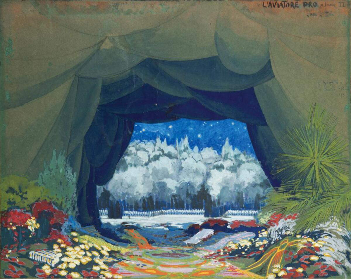 Esodo Pratelli, Bozzetto per L’Aviatore Dro, atto I, scena II (1913; acquerello e tempera su cartone, 29 x 34 cm)