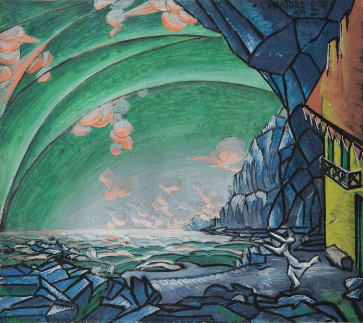 Esodo Pratelli, Bozzetto per L’Aviatore Dro, atto II (1913; acquerello e tempera su cartone, 44,5 x 41,5 cm)