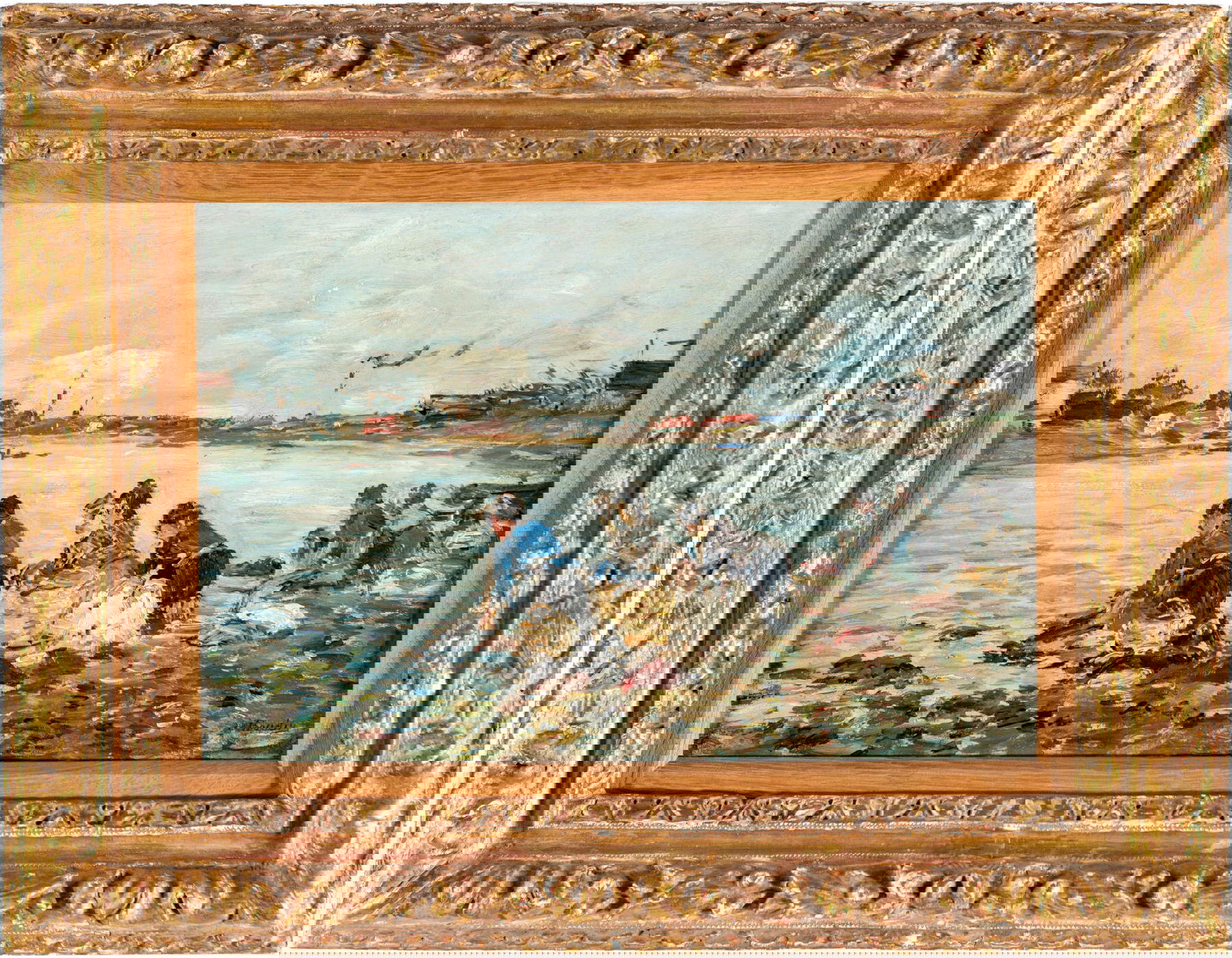 Eug&egrave;ne-Louis Boudin, Laveuses au bord de la Touques (c. 1894-1897; óleo sobre tabla, 24,7 x 36,5 cm, enmarcado 40 x 51,2 cm)