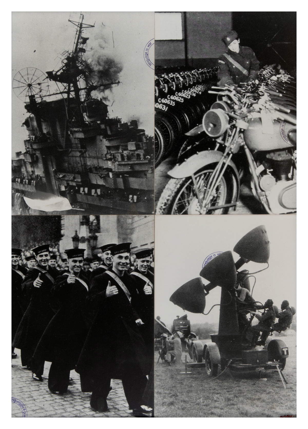 Fabio Mauri, Linguaggio &Phi; guerra (1975 ; résultats photographiques avec cachet sur carton, 81 x 56 cm). Avec l'autorisation de la succession de Fabio Mauri et de Hauser &amp; Wirth.