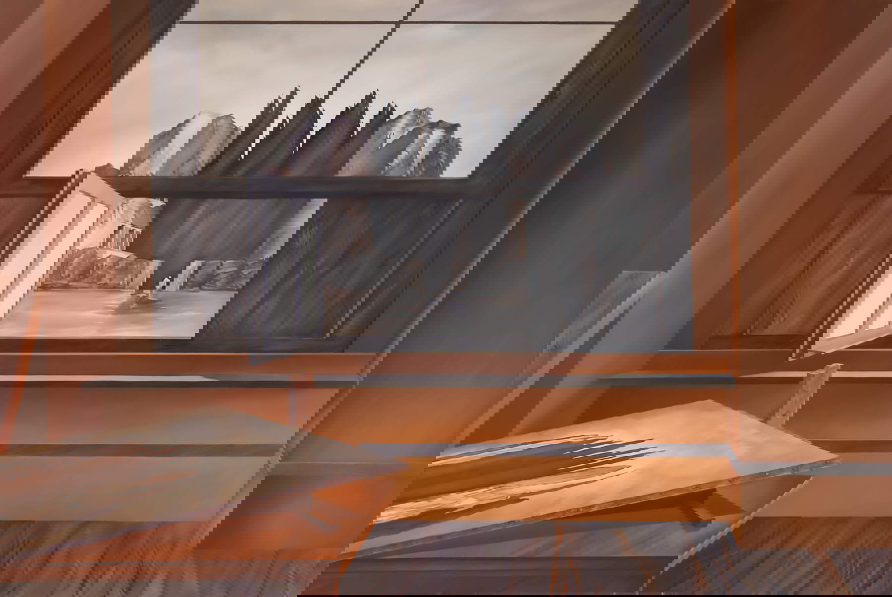 Fabrizio Clerici, Das Große Dresdner Atelier (1979; Öl auf Tafel, 100 x 150 cm; Privatsammlung). Ausstellung Ultra Memoriam. L'immaginario fantastico tra Archivio e Collezioni, kuratiert von Giulia Tulino in Zusammenarbeit mit dem Archivio Fabrizio Clerici