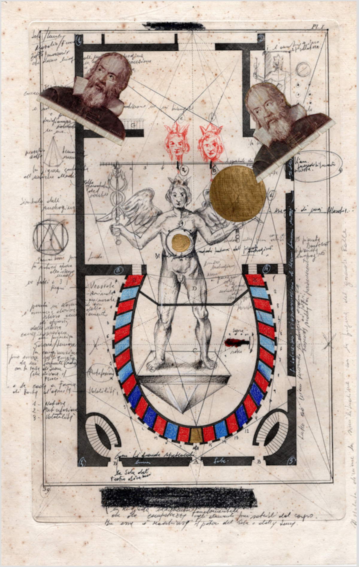 Fabrizio Cotognini, El Necio Puro, el Andrógino de la serie Parsifal (2024; lápiz, tinta, pastel, mina blanca, acuarela y mylar sobre grabado original del siglo XVIII, 50 x 35 cm). Foto: estudio P - 38