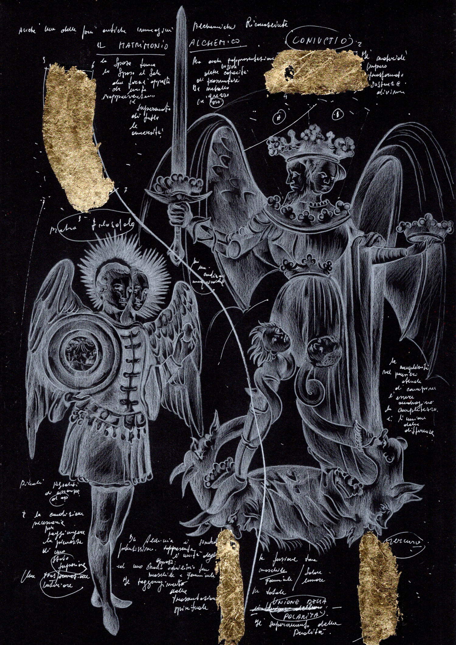 Fabrizio Cotognini, El andrógino y el doble #6 (2024; plomo blanco, tinta blanca y pan de oro de 24 K sobre papel francés negro, 42 x 30 cm). Foto: Estudio P - 38