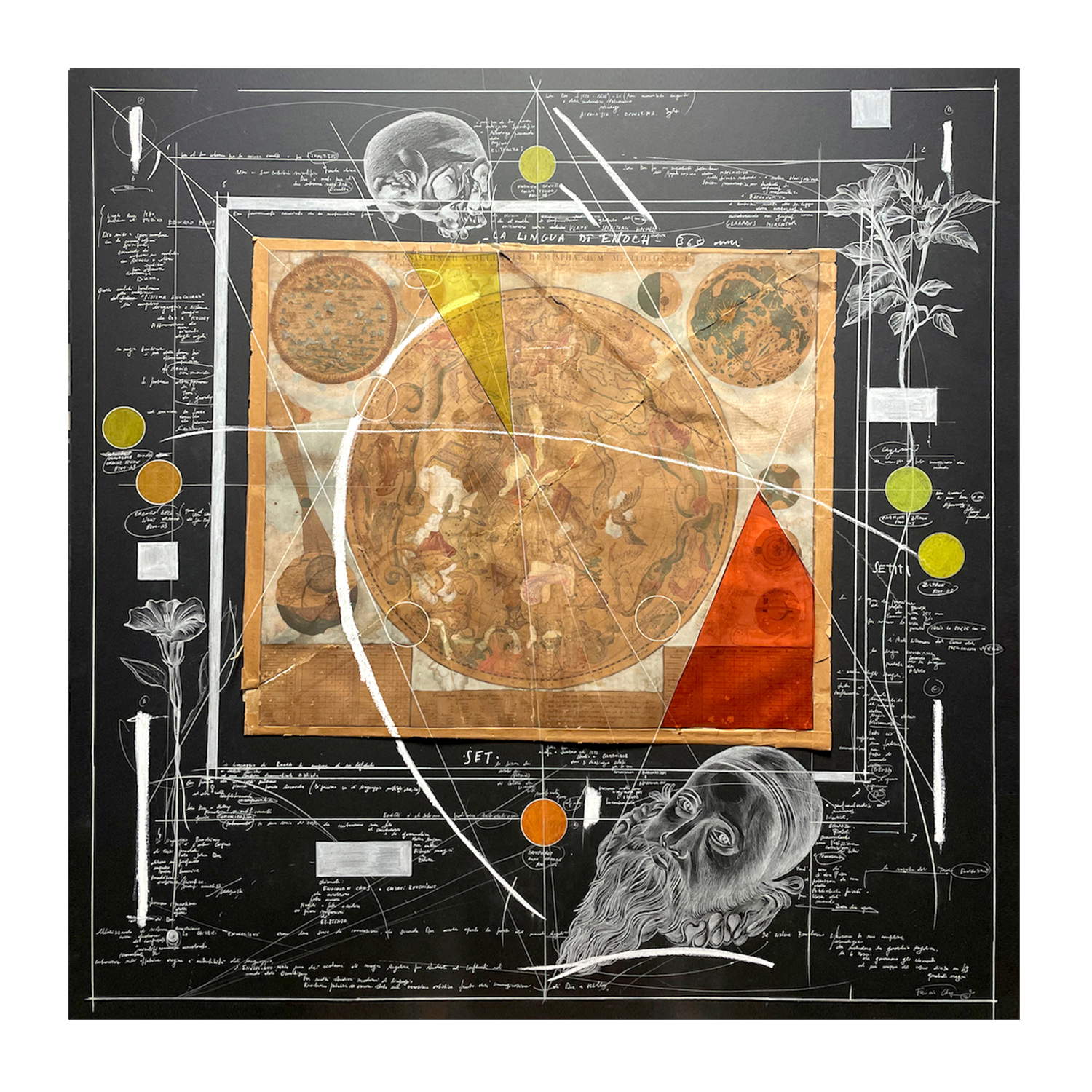 Fabrizio Cotognini, El canto de las estrellas - John Dee de la serie Mappe Celesti (2025; plomo blanco, pantone, acuarela, tinta, 110 x 110 cm). Foto: Estudio P - 38
