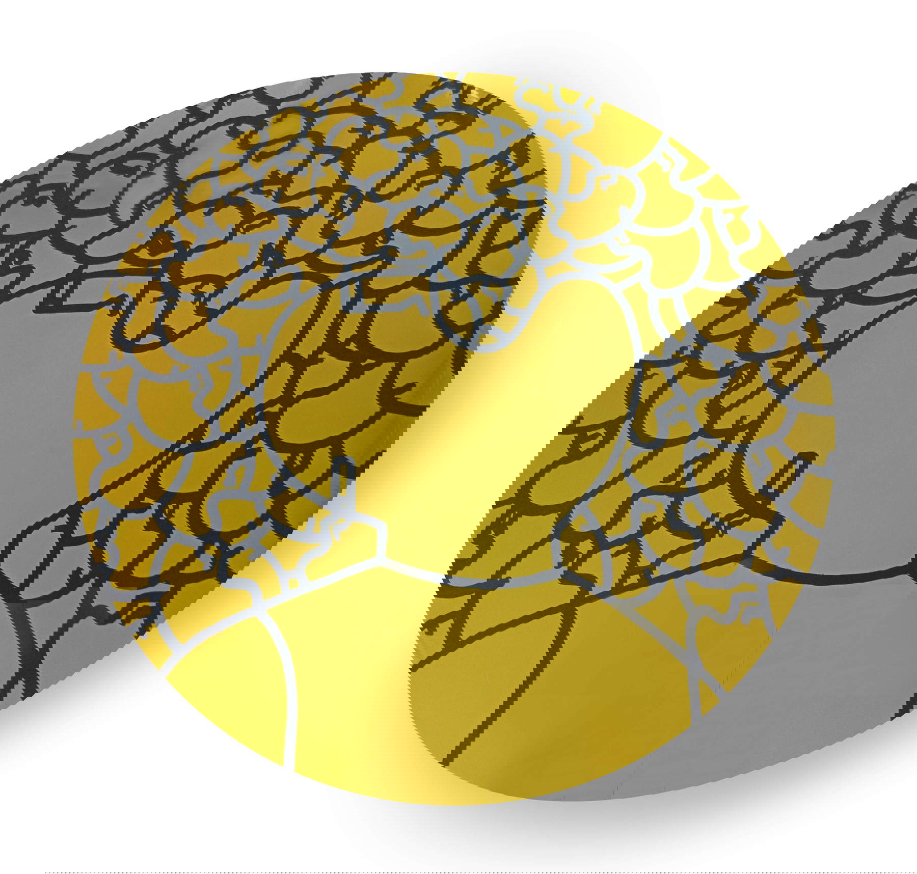 Fabrizio Dusi, Monolog (2025; Holzträger mit vergoldetem Isothermtuch überzogen, gezeichnet und bemalt, Durchmesser 120 cm). Mit Genehmigung des Künstlers
