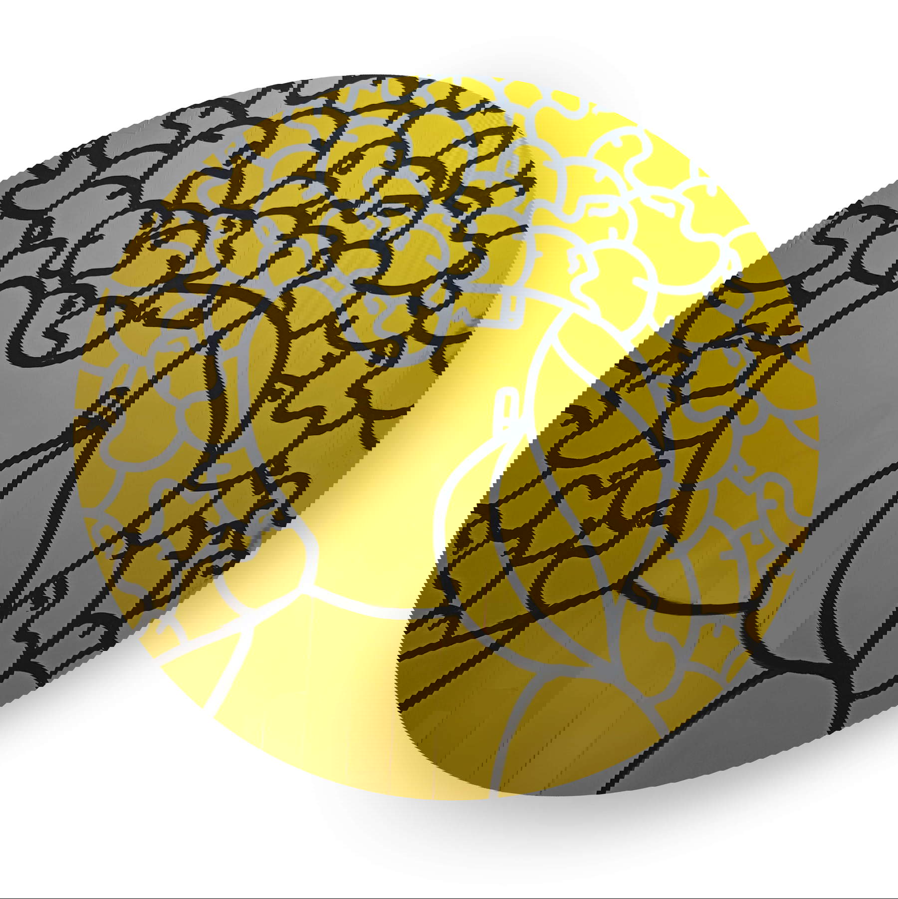 Fabrizio Dusi, Monolog (2025; Holzträger mit vergoldetem Isothermtuch überzogen, gezeichnet und bemalt, Durchmesser 120 cm). Mit Genehmigung des Künstlers