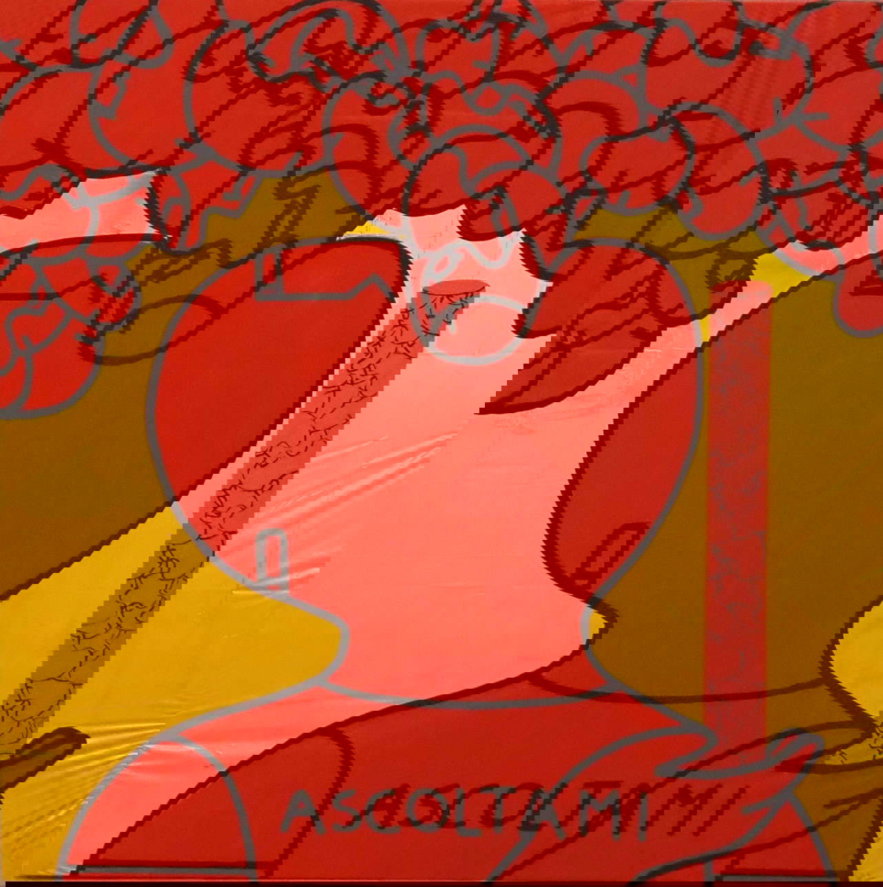 Fabrizio Dusi, Monolog (2025; isothermische Decke, gezeichnet und gemalt auf Leinwand, 100 x 100 cm). Mit Genehmigung des Künstlers