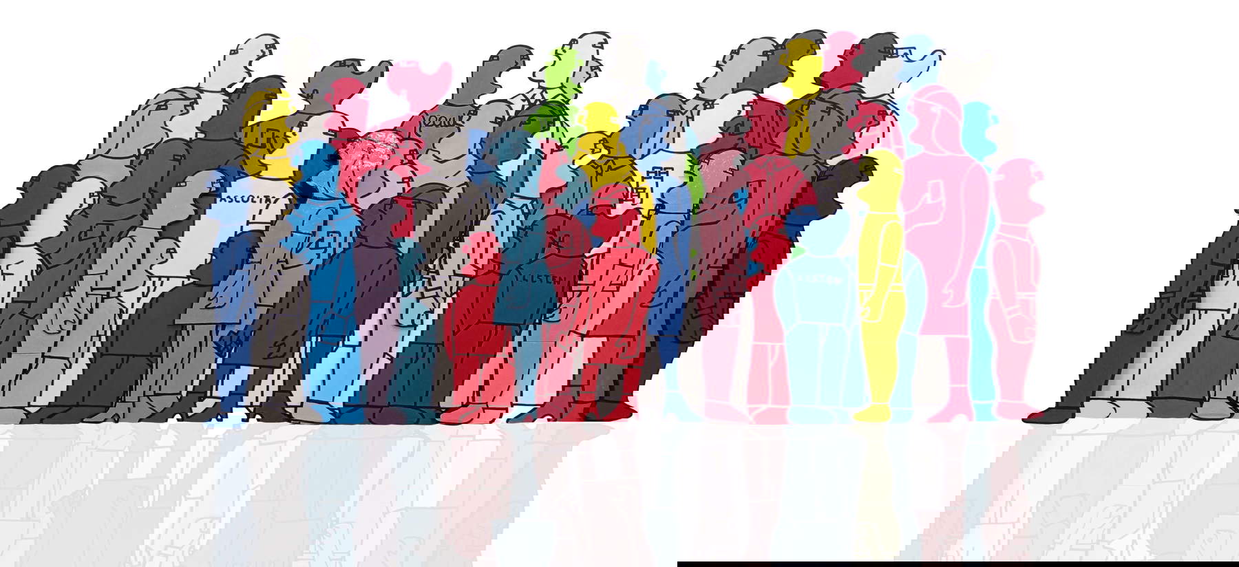 Fabrizio Dusi, Einer unter den anderen (Die gefallene Menge) (2025; Installation mit 4 glasierten und bemalten Keramikfiguren auf bemalten Holzplatten, 200 x 400 cm). Mit Genehmigung des Künstlers