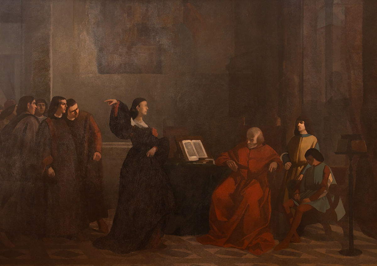 Giovanni Fattori, Scena Medicea (Clarice Strozzi intima ad Ippolito ed Alessandro de&rsquo; Medici di partire da Firenze) &ndash; retro dell&rsquo;opera Un episodio della battaglia di Montebello 1859 (1857-59; olio su tela, 204 &times; 290 cm) Foto: Museo civico G. Fattori