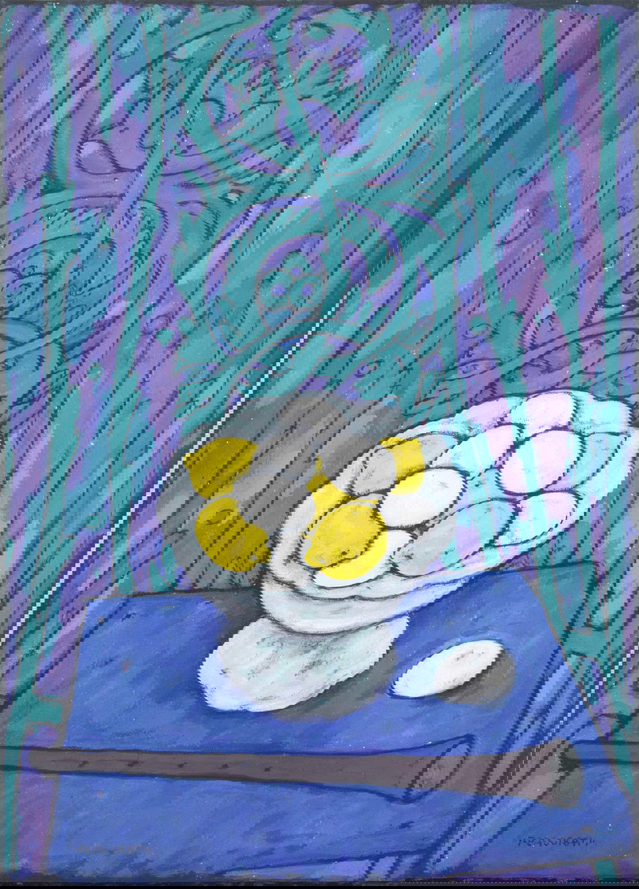 Felice Casorati, Fruit bowl with lemons and eggs (1959; tempera on cardboard, 70 x 50 cm)