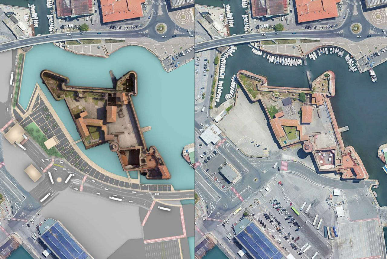 Confronto: come sar&agrave; e com'&egrave; adesso la Fortezza Vecchia di Livorno. Immagine: Porto Immobiliare srl