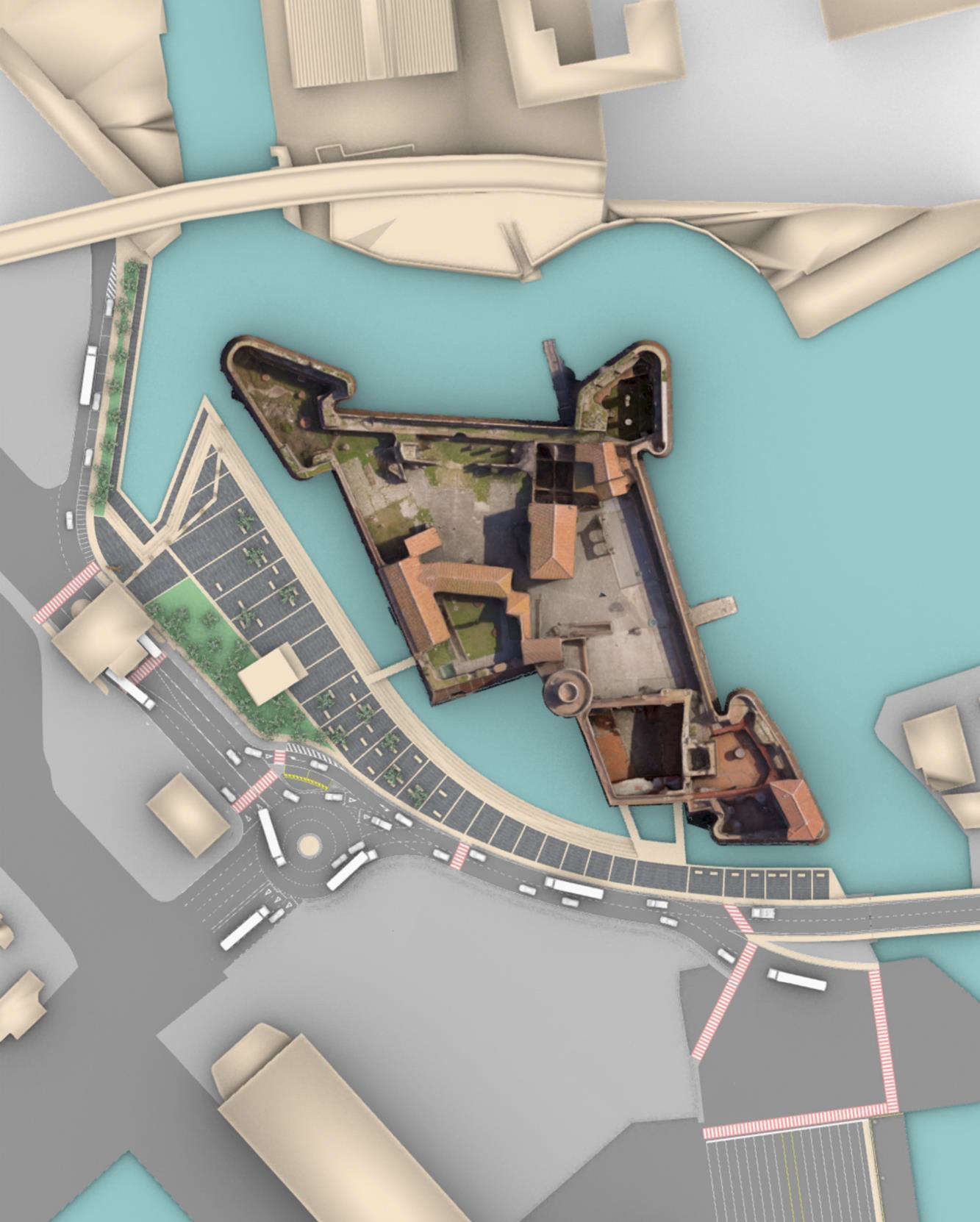 Rendering del progetto per l'acquaticit&agrave; della Fortezza Vecchia. Immagine: Porto Immobiliare srl