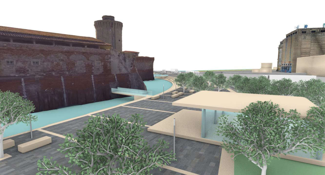 Rendering del progetto per l'acquaticit&agrave; della Fortezza Vecchia. Immagine: Porto Immobiliare srl