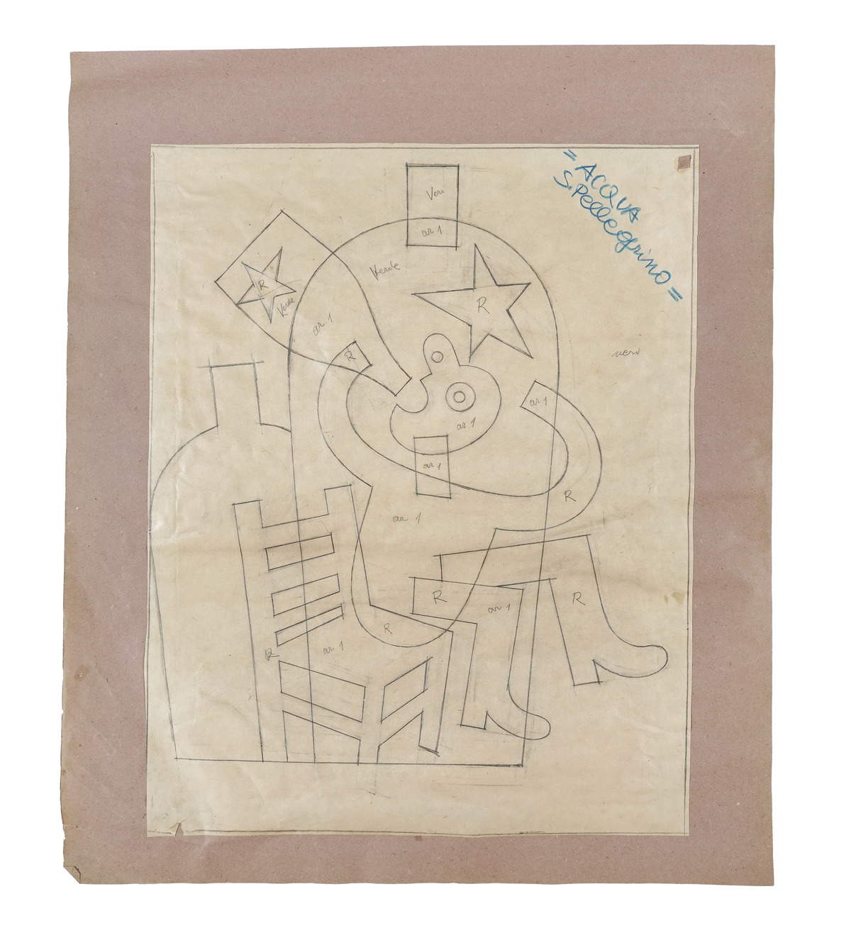 Fortunato Depero, Acqua San Pellegrino (1928; lápiz sobre papel, 43,4 x 42,6 cm, sin firmar arriba a la izquierda, título autógrafo). Obra archivada en la sección