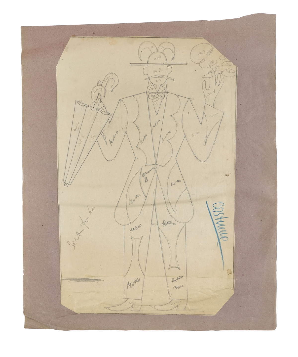 Fortunato Depero, Traje (1924; lápiz sobre papel, 54,7 x 35,6 cm, sin firmar - título autógrafo abajo a la derecha en las indicaciones de color del dibujo). Obra archivada en la sección