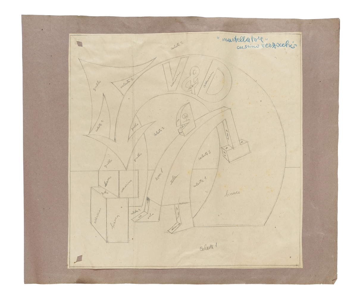Fortunato Depero, Martillo de cojín Verzocchi (1924; lápiz sobre papel, 43,6 x 43,7 cm, sin firmar - título autógrafo en la esquina superior derecha del dibujo indicaciones de color). Obra archivada en la sección