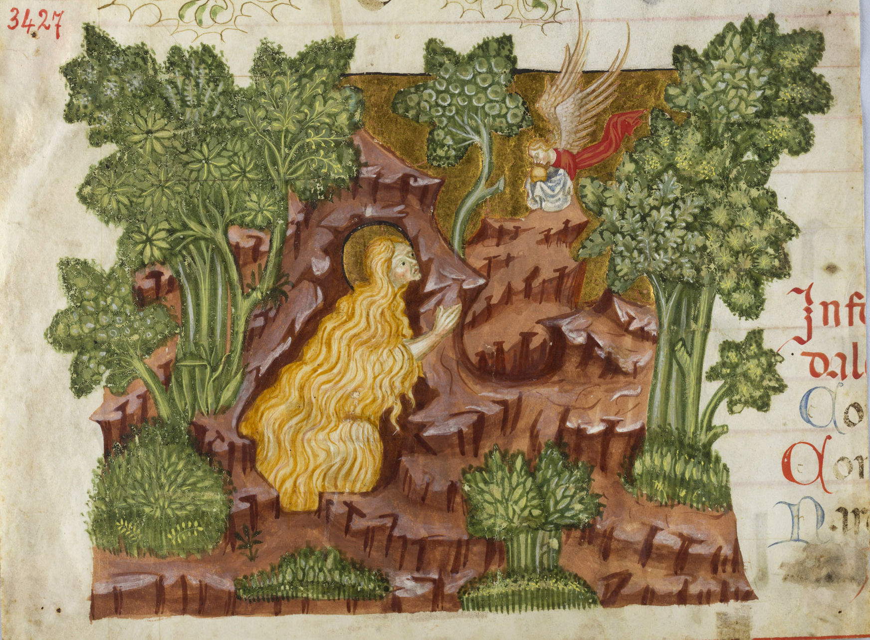 Maestro del Libro d'Ore di Modena, Frammento di pagina di Corale con Maddalena penitente, (1390-1399; 18,2 x 23,8 cm)