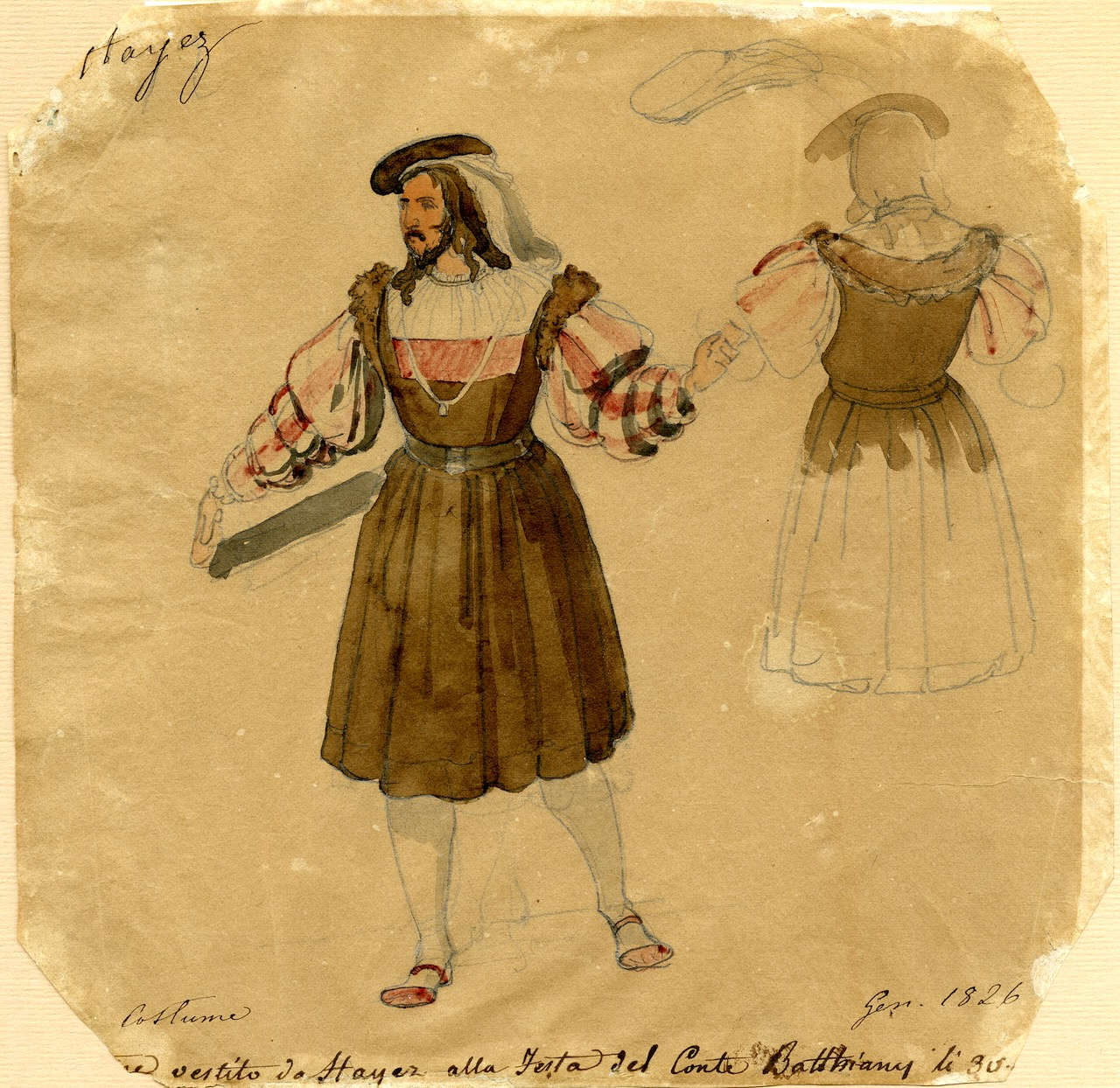 Francesco Hayez, Autoritratto in costume di Giulio Romano (1828; matita, penna e acquerello su carta, 19,5 x 19 cm; Roma, Collezione W. Apolloni)