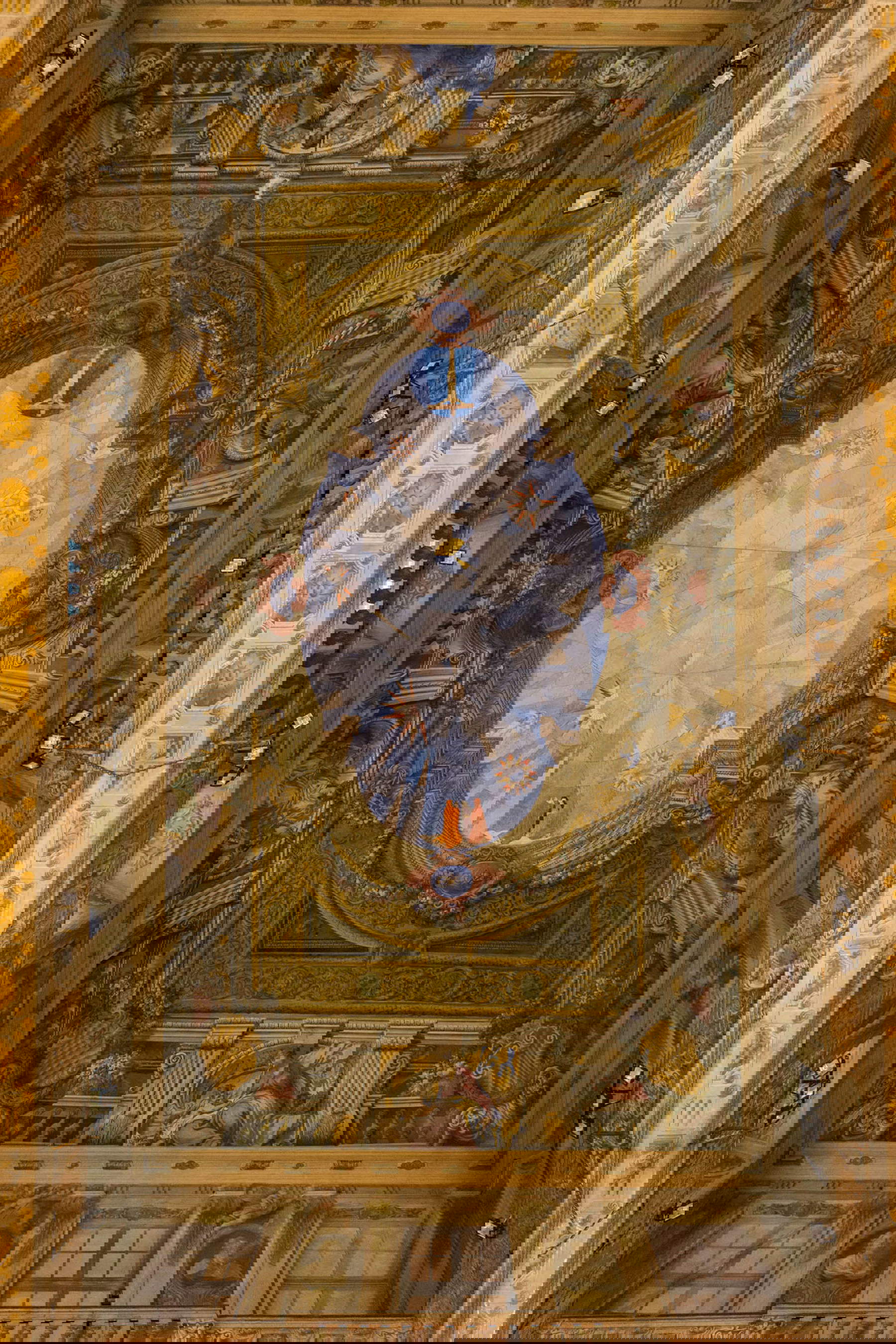 Francesco Menzio (oculus central), Allegoria sacra (1959); Giovanni Andrea Carlone, Allegorie delle discipline insegnate presso il Collegio (1683), Génova, Palazzo dell'Ateneo, Aula Magna