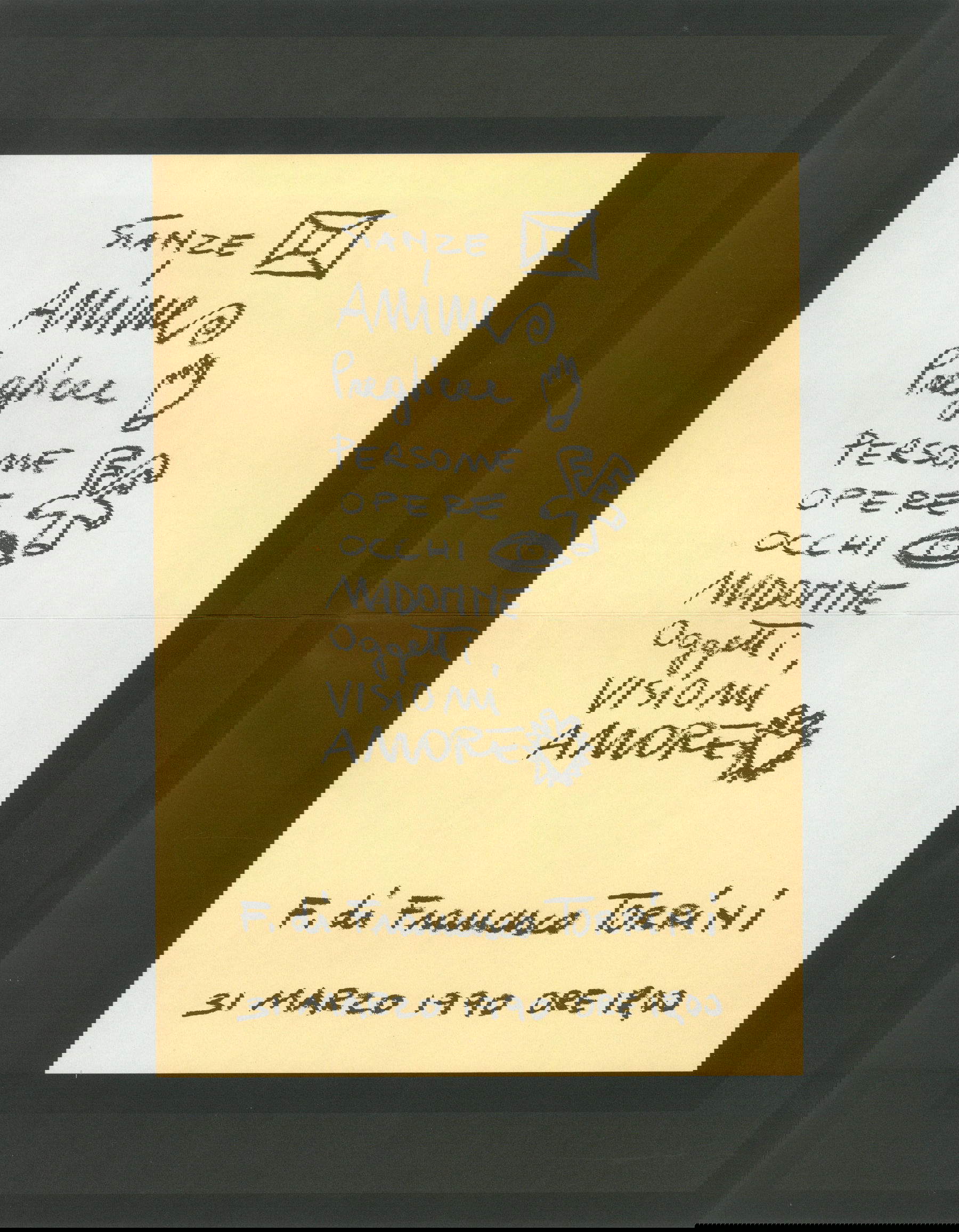 Francesco Torrini invito fatto a mano alla mostra, Stanze (1990; Impruneta). Su concessione di Stefania Torrini