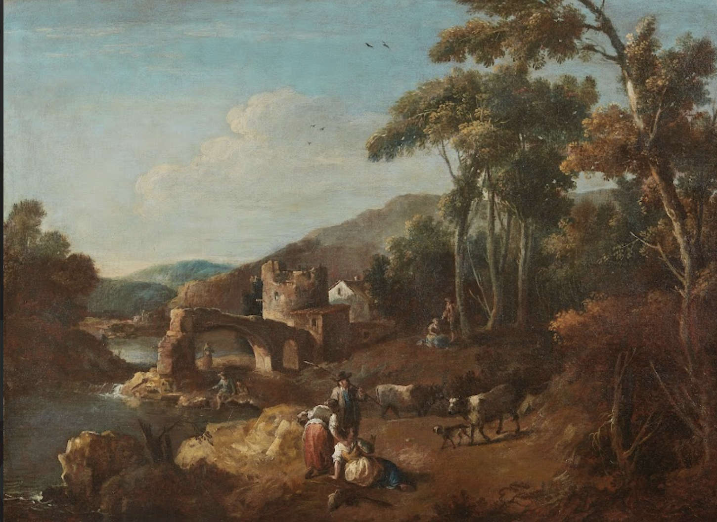 Francesco Zuccarelli, River Landscape with Trees, Peasants and Rustic Village (ca. 1745; oil on canvas, 119.5 x 77.5 cm)