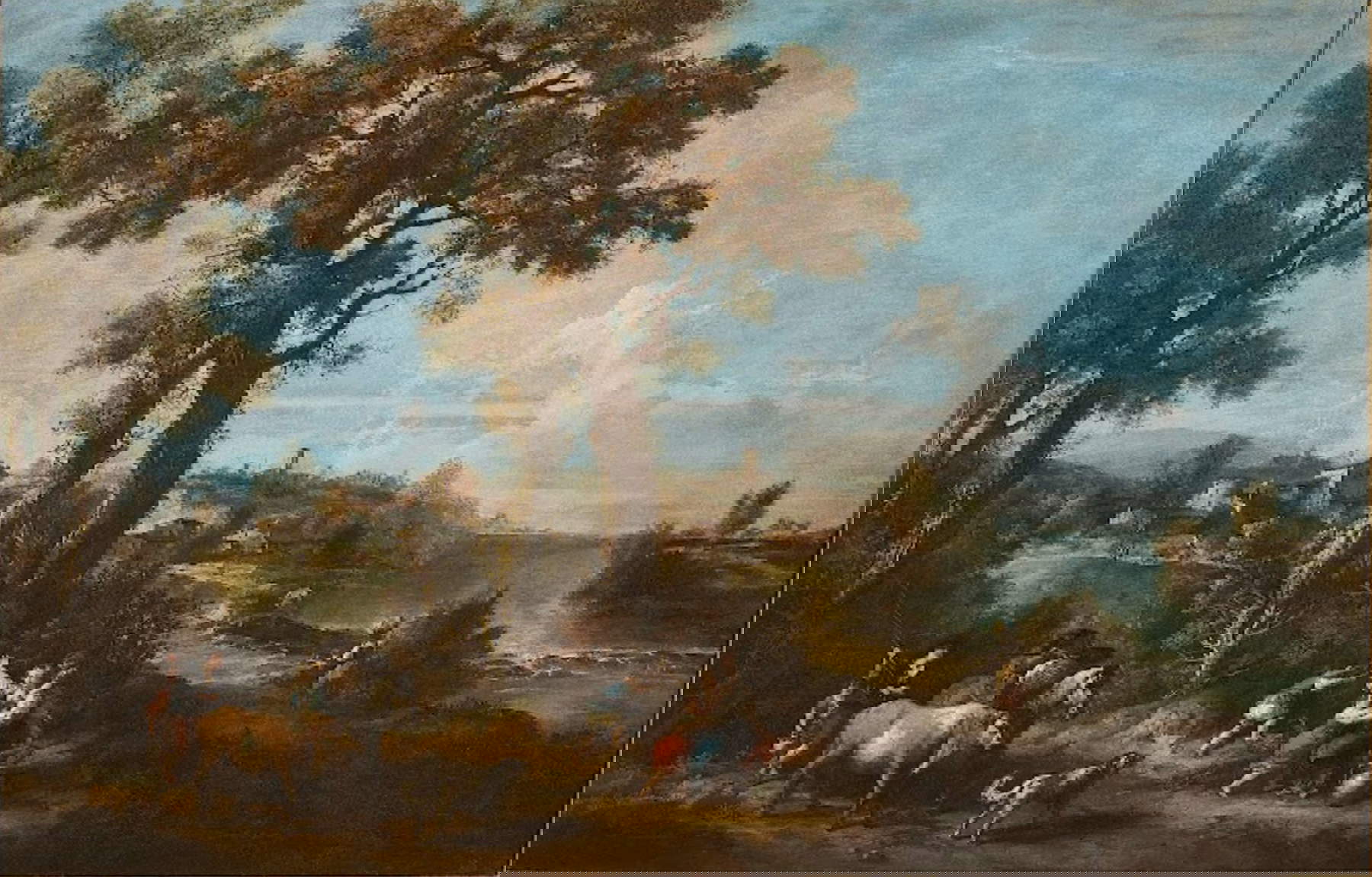 Francesco Zuccarelli, River Landscape with Trees, Peasants and Rustic Village (ca. 1745; oil on canvas, 119.5 x 77.5 cm)