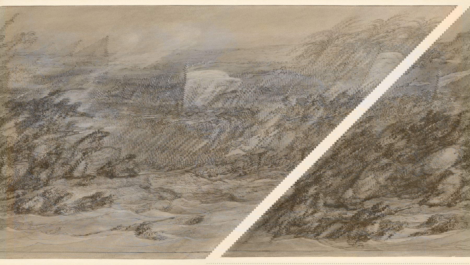 Fran&ccedil;ois-Andr&eacute; Vincent, Schlacht bei den Pyramiden, 21. Juli 1798 (um 1800; Feder und schwarze Tinte, Pinsel und braune Lavierung, beigefarbenes laviertes Papier; Graphitquadrat, 41,8 x 75,1 cm; New York, Metropolitan Museum of Art). Foto: Metropolitan Museum of Art