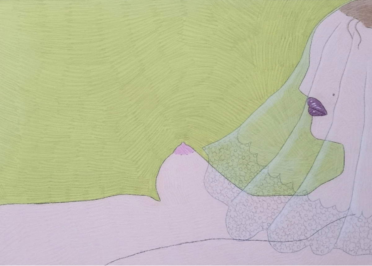 Gahel Zesi, Waiting (from the series Conjugal Duties - Chastity, Fidelity and Motherhood) (2024; acrylic and pastels on canvas, 50 x 70 cm)