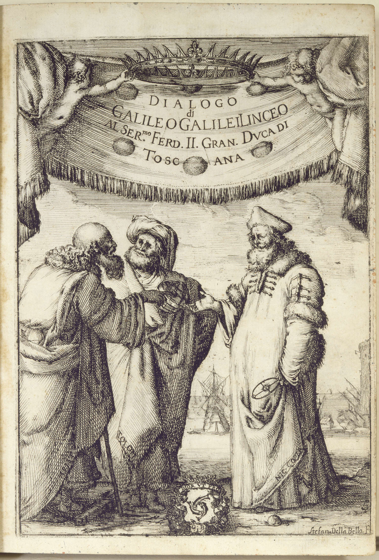 Galileo Galilei (1564-1642), Dialogo... sopra i due massimi sistemi del mondo tolemaico e copernicano..., Florence, 1632 : antiporta représentant un dialogue imaginaire entre Aristote, Ptolémée et Copernic.