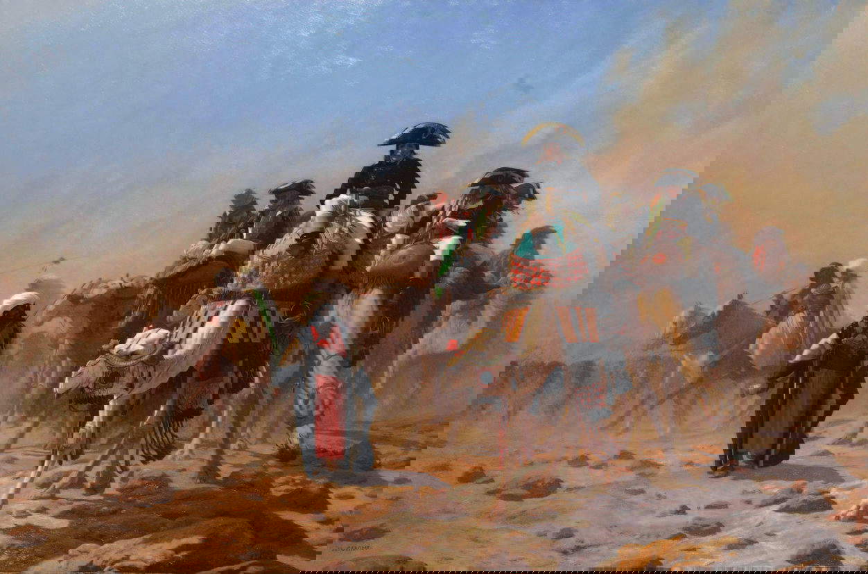 Jean-L&eacute;on G&eacute;r&ocirc;me, Le G&eacute;n&eacute;ral Bonaparte et son &eacute;tat-major en &Eacute;gypte (1867; Öl auf Leinwand, 57,8 x 87,6 cm; Privatsammlung)