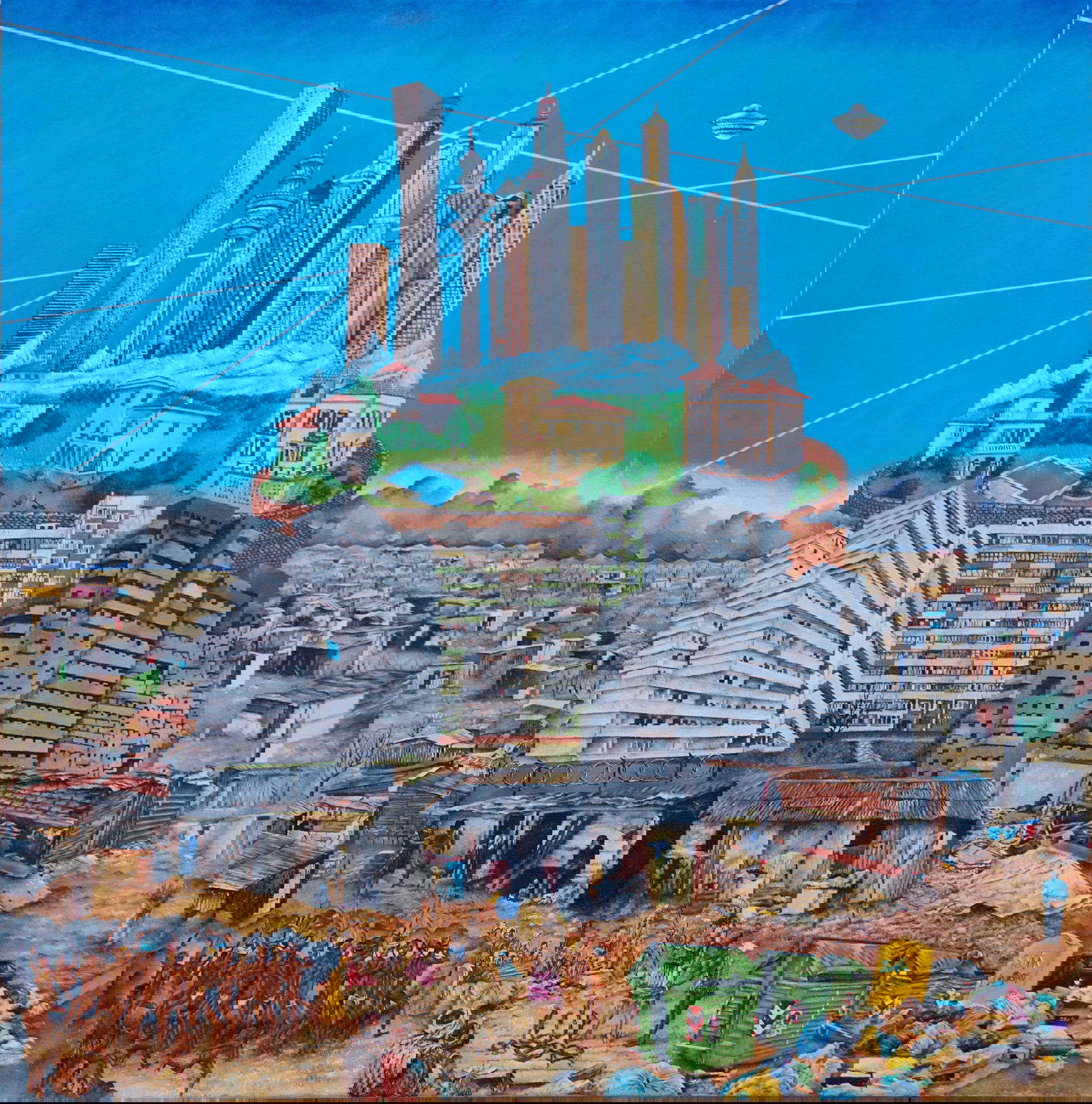 Giacomo Borzoni, Torre di Babele (2025; olio su tela, 100 x 100 cm)