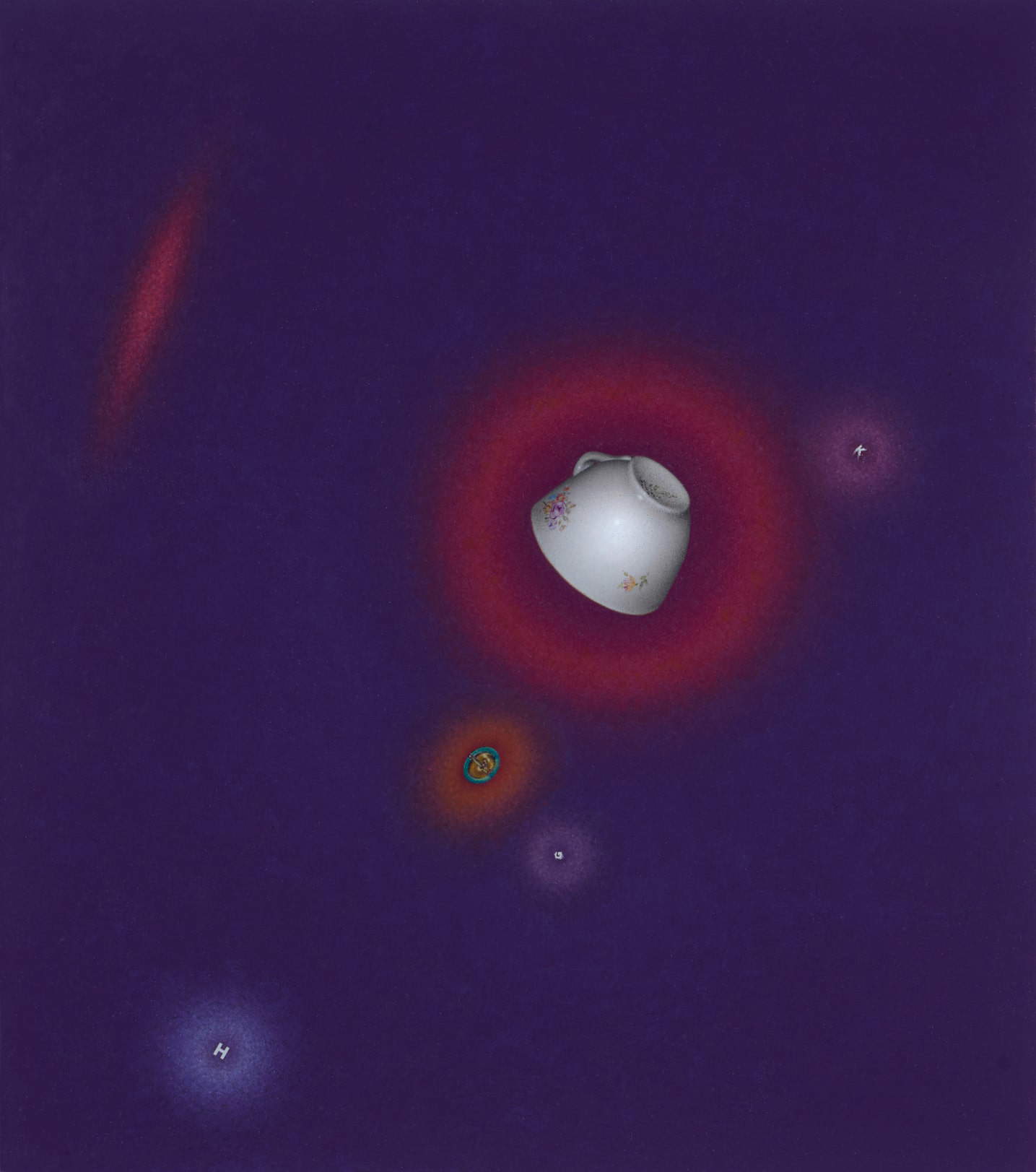Gianluca Sgherri, Senza titolo (tazzina con puntina) (2024; olio su tavola 40 x 35cm).
