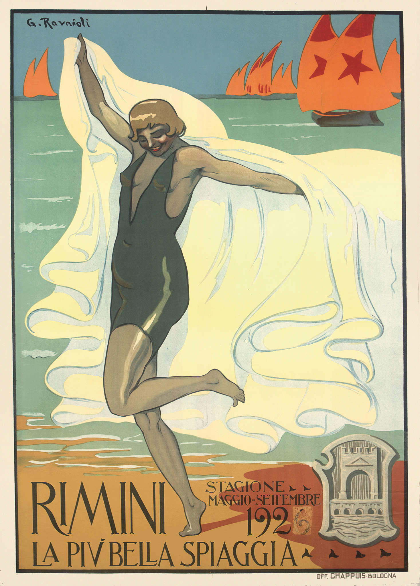 Gino Ravaioli, Rimini, la più bella spiaggia (1926; Off. Chappuis, Bolonia, litografía en color sobre papel, 140x100 cm; Milán, Castello Sforzesco, Civica Raccolta delle Stampe  Gino Ravaioli, Rimini, la più bella spiaggia (1926; Off. Chappuis, Bolonia, litografía en color sobre papel, 140x100 cm; Milán, Castello Sforzesco, Civica Raccolta delle Stampe