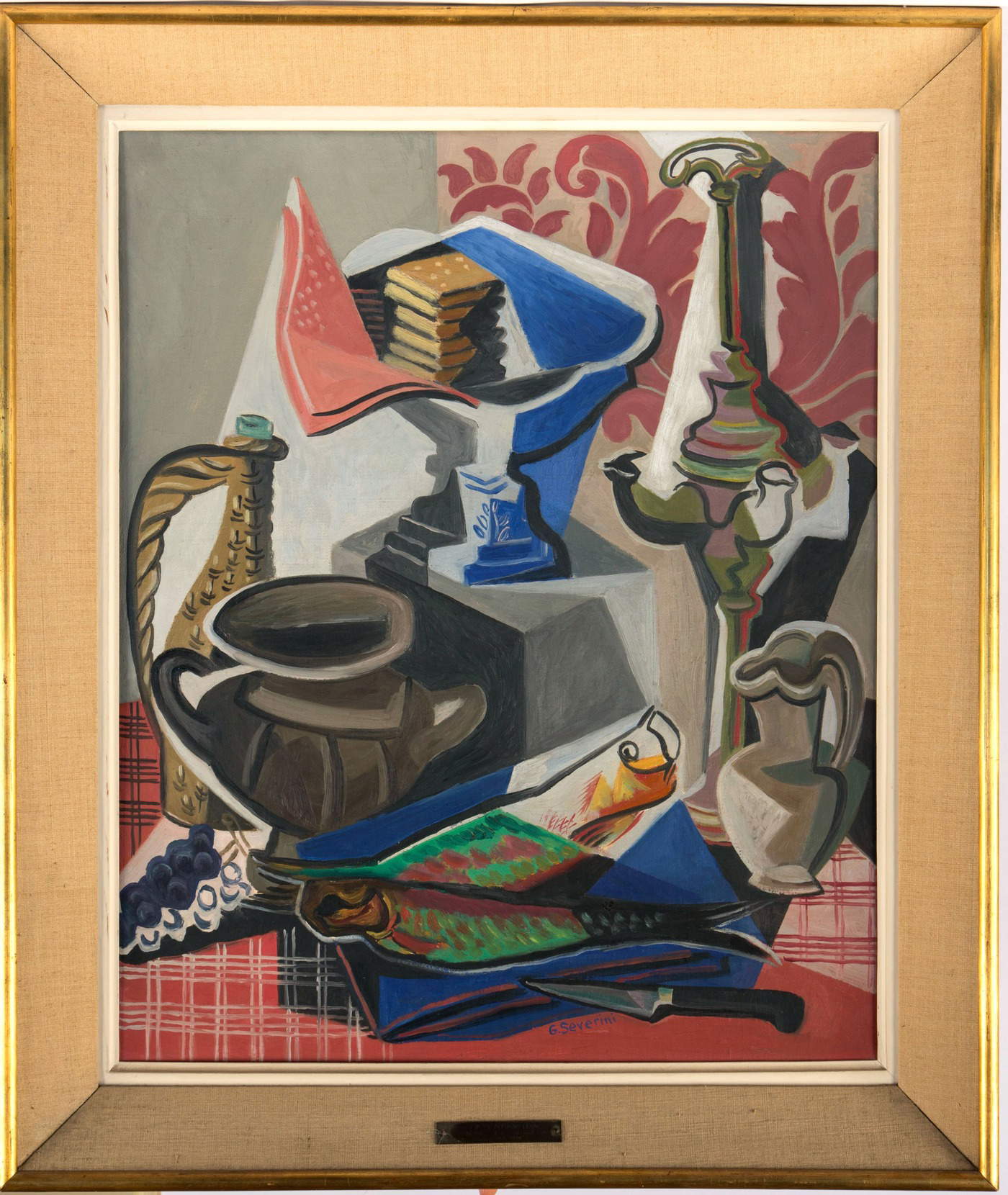 Gino Severini, Natura morta con aringa e compostiera blu (1946-1947; óleo sobre lienzo, 74,5 x 63 cm, Cortona, MAEC - Museo dell'Accademia Etrusca e della Città di Cortona).