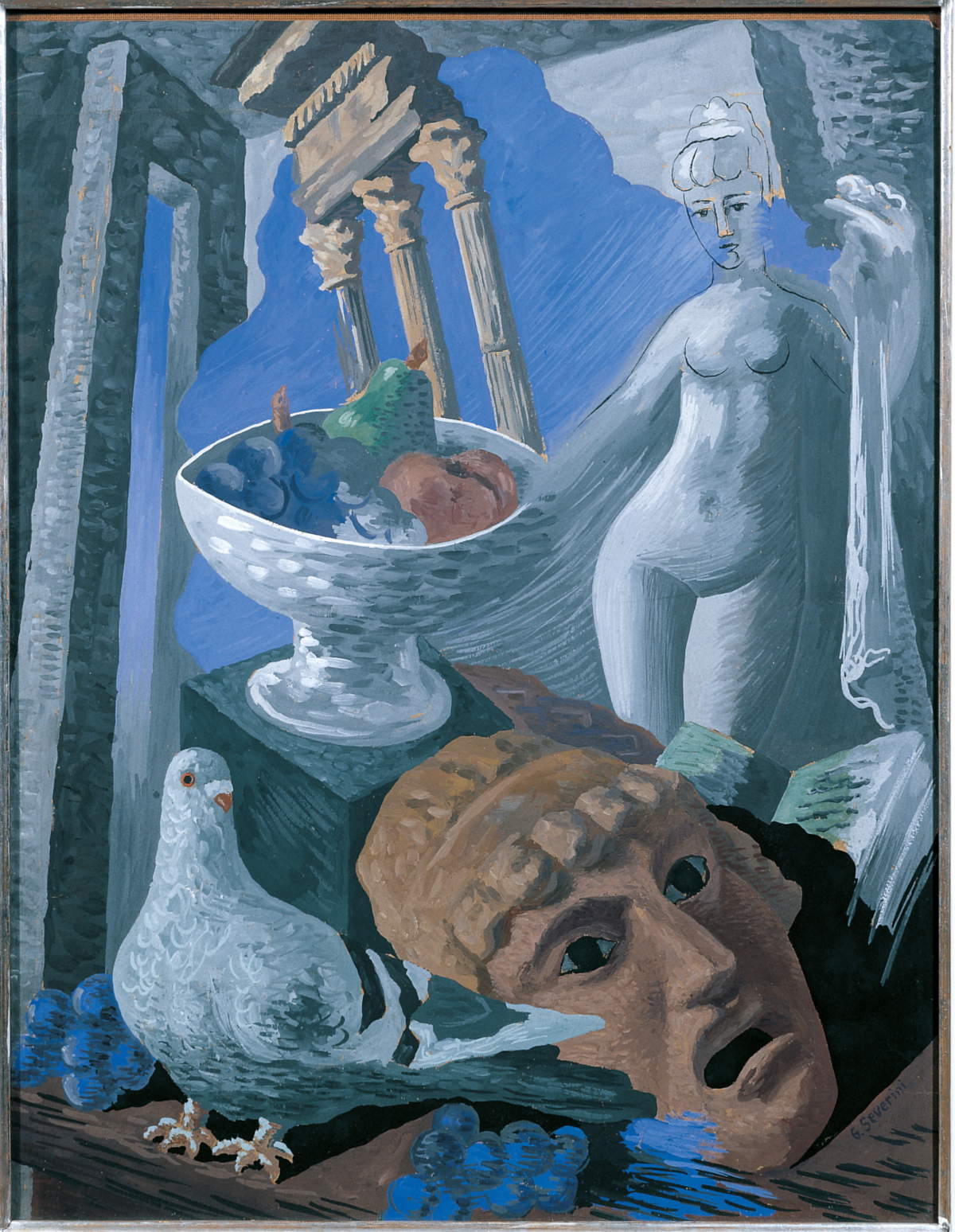 Gino Severini, Still Life with Ruins, Pigeon and Statue (1931; tempera on cardboard, 65 x 50 cm)