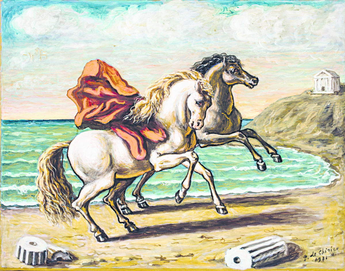 Giorgio de Chirico, Dos caballos junto al mar con ruinas y paño rojo (1971)