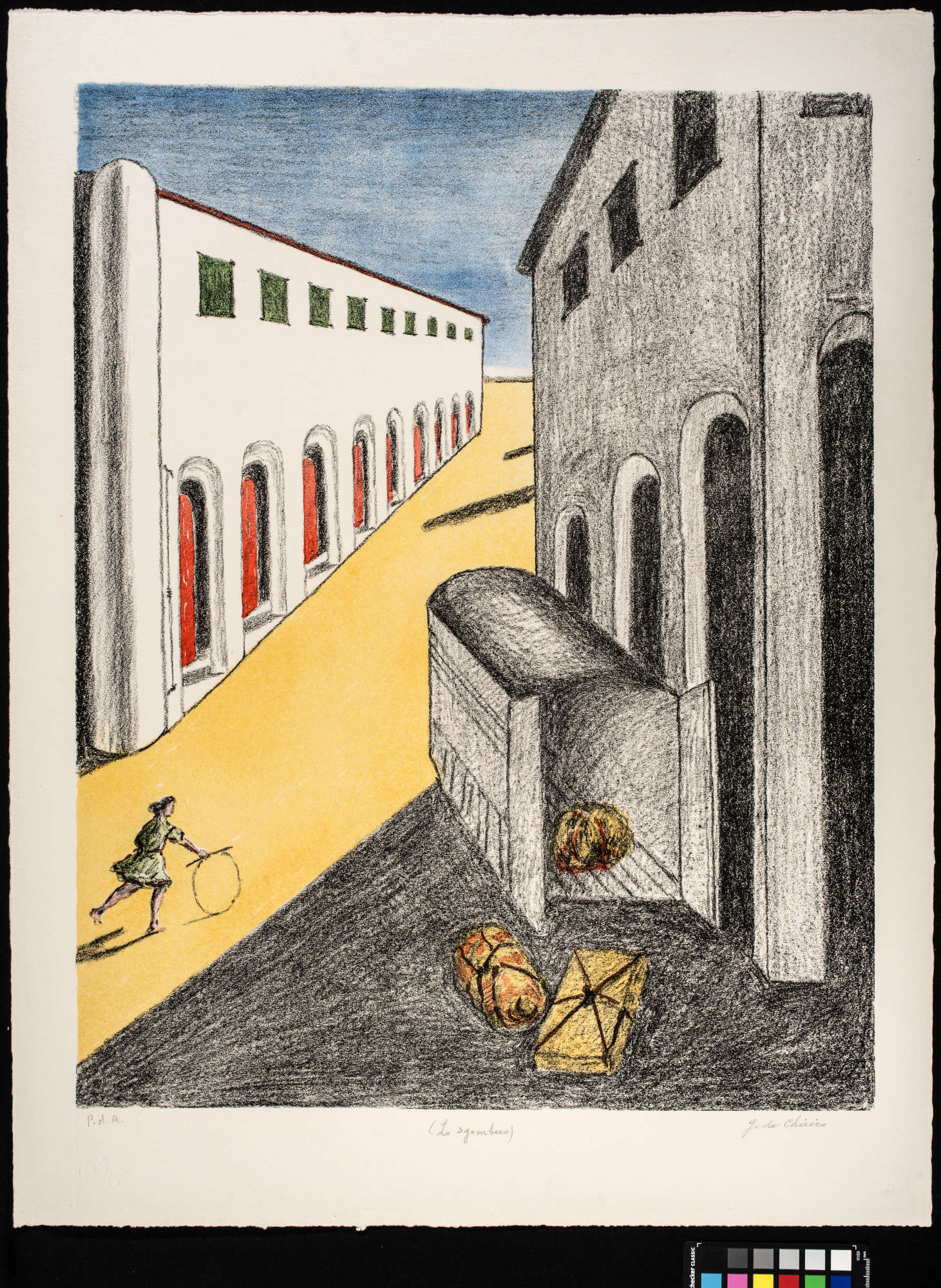 Giorgio de Chirico, The Eviction (1970; eight-color lithograph, 70 x 53 cm, PdA; Rome, Fondazione Giorgio e Isa de Chirico, ref. B.115-137) Giorgio de Chirico, The Eviction (1970; eight-color lithograph, 70 x 53 cm, PdA; Rome, Fondazione Giorgio e Isa de Chirico, ref. B.115-137)