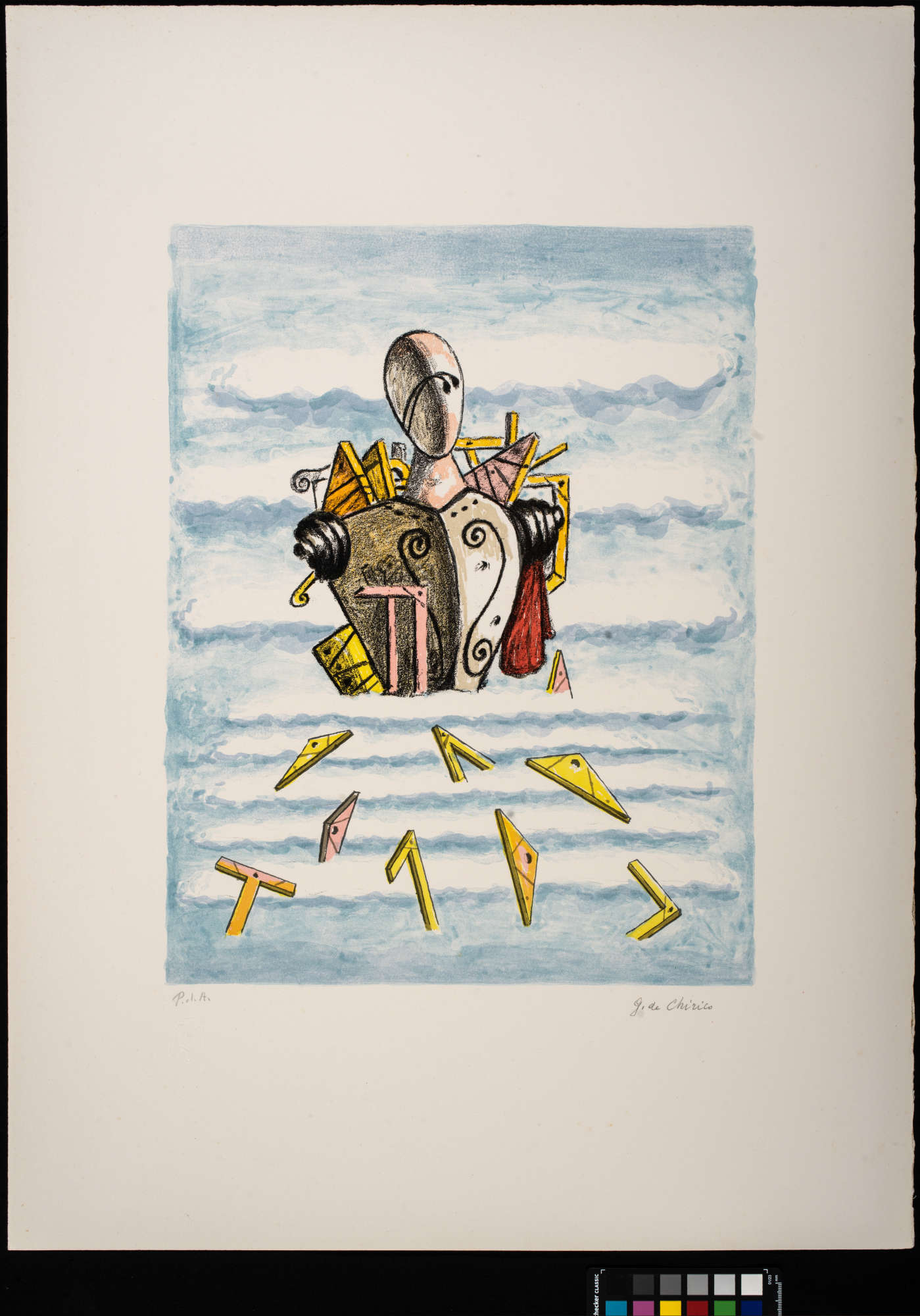 Giorgio de Chirico, Troubadour with Teams (Troubadour with Clouds) (1973; seven-color lithograph, 70 x 50 cm, PdA; Rome, Fondazione Giorgio e Isa de Chirico, ref. B.185-210) Giorgio de Chirico, Troubadour with Teams (Troubadour with Clouds) (1973; seven-color lithograph, 70 x 50 cm, PdA; Rome, Fondazione Giorgio e Isa de Chirico, ref. B.185-210)