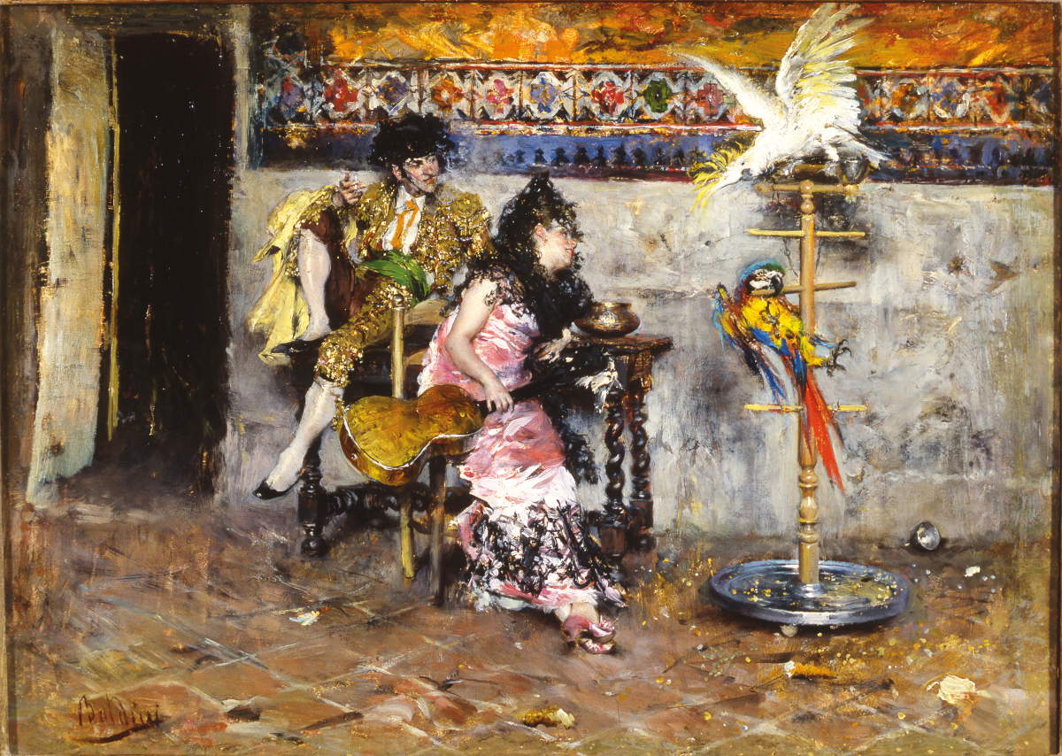 乔瓦尼-博尔迪尼，《斗牛士》（身着西班牙服饰的夫妇与两只鹦鹉）（1872-1873 年；布面油画，26 x 35.2 厘米）