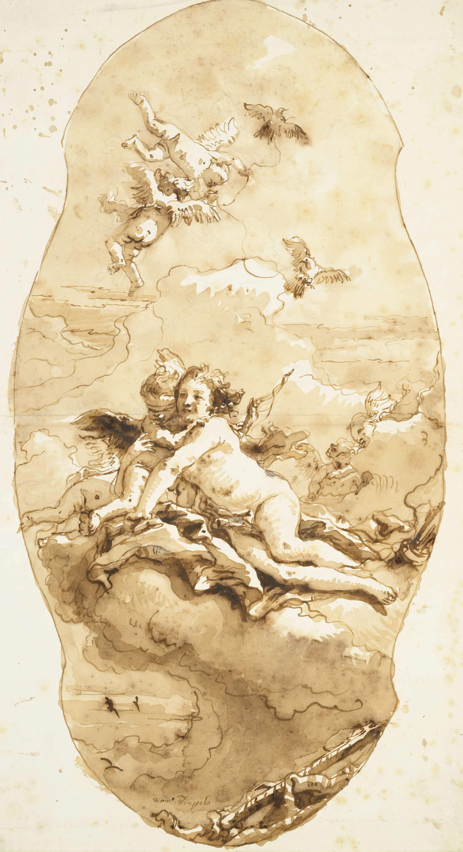 Giovanni Domenico Tiepolo, Studio per un soffitto: Venere e Amore circondati da putti (pietra nera, penna e inchiostro bruno su carta filigranata, firmato, 43,5 x 24 cm) Giovanni Domenico Tiepolo, Studio per un soffitto: Venere e Amore circondati da putti (pietra nera, penna e inchiostro bruno su carta filigranata, firmato, 43,5 x 24 cm)
