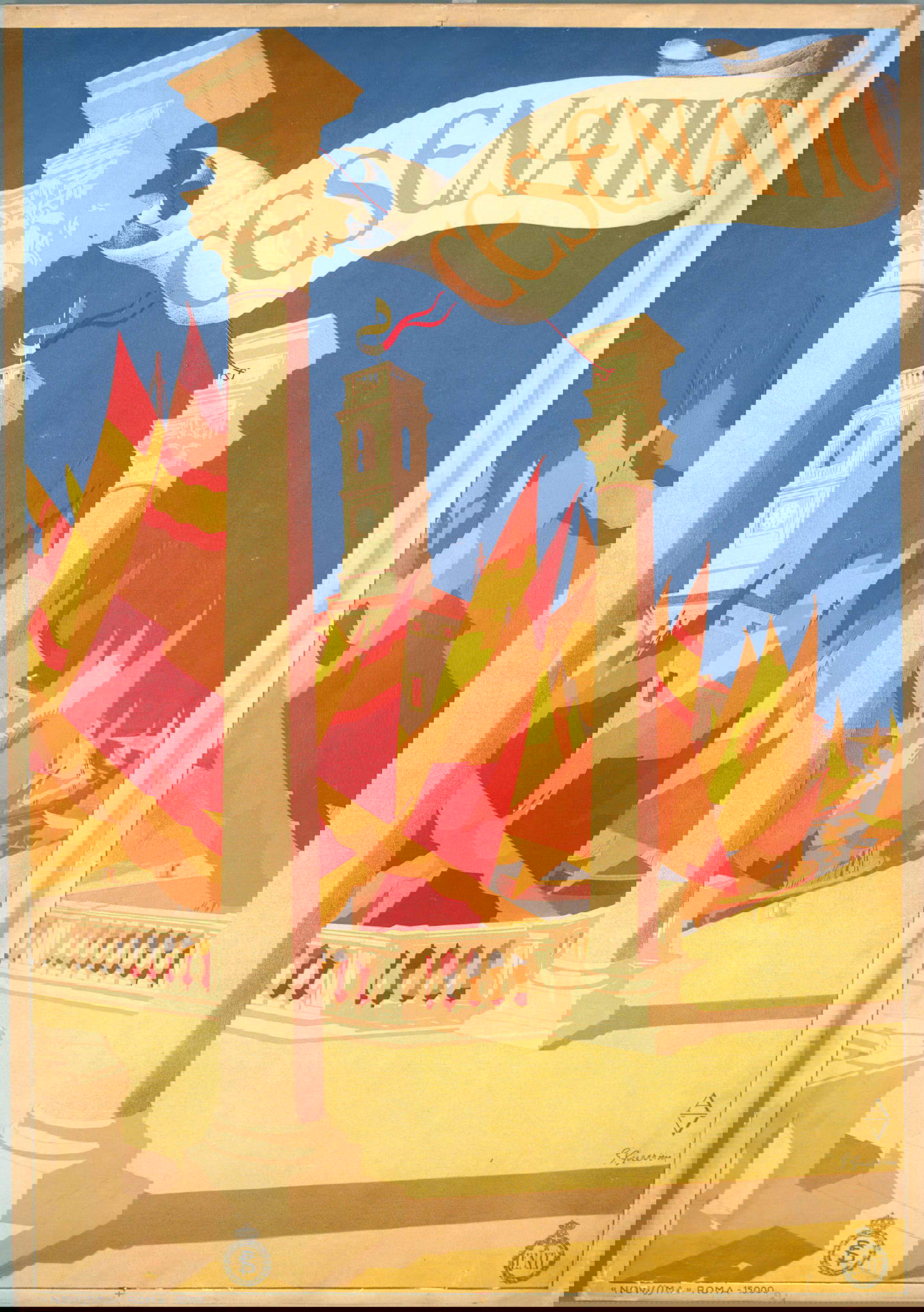 Giovanni Guerrini, Cesenatico (1927; Novissima, Roma - ENIT, litografía en color sobre papel, 100x69,5 cm; Treviso, Museo nazionale Collezione Salce, inv. 12865) Giovanni Guerrini, Cesenatico (1927; Novissima, Roma - ENIT, litografía en color sobre papel, 100x69,5 cm; Treviso, Museo nazionale Collezione Salce, inv. 12865)