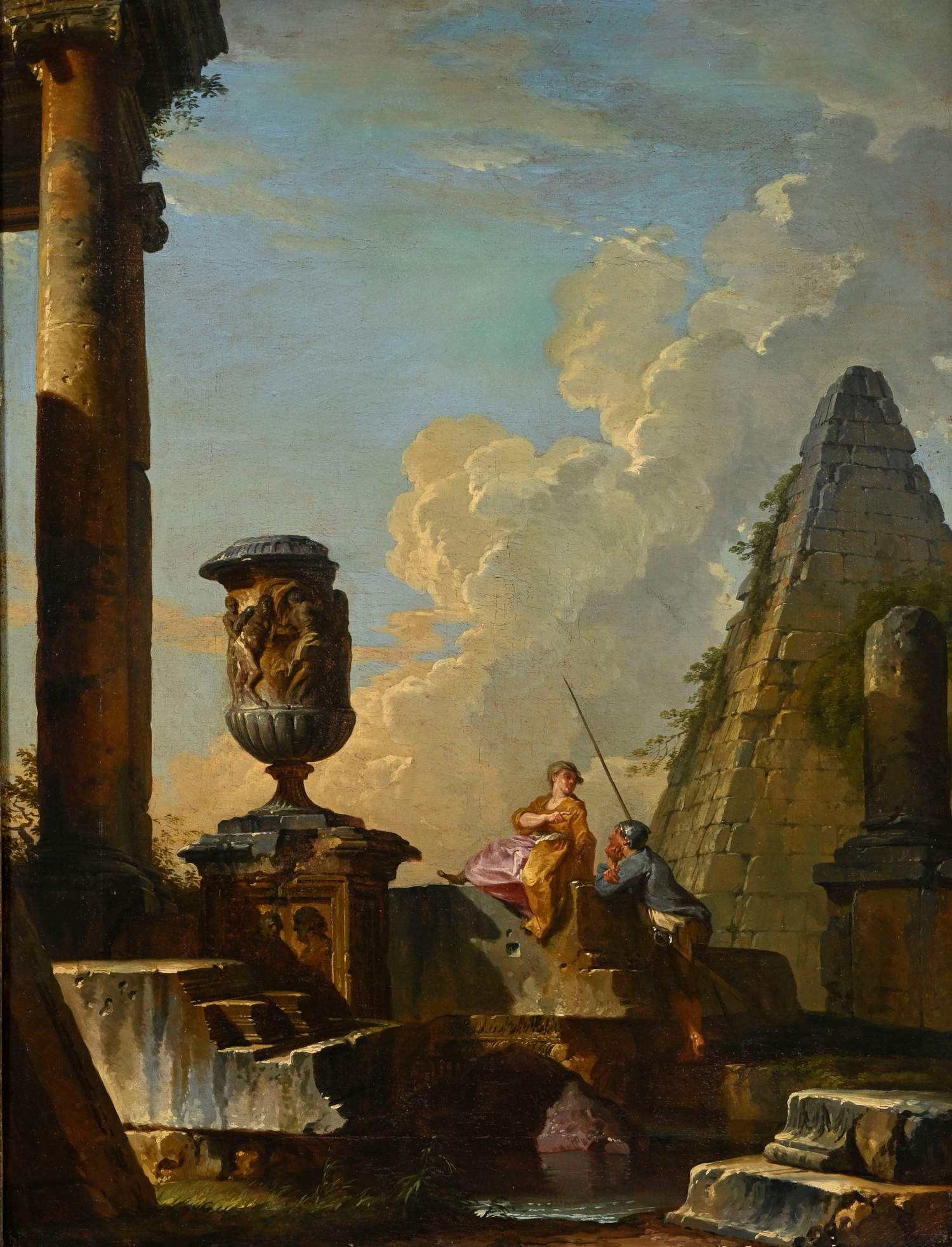 Giovanni Paolo Pannini, Ruines romaines et pyramide de Cestia (vers 1730 ; huile sur toile, 65,5 x 50 cm ; collection d'un collectionneur genevois). Lot 2027. Estimation 21 000 - 32 000 EUR.