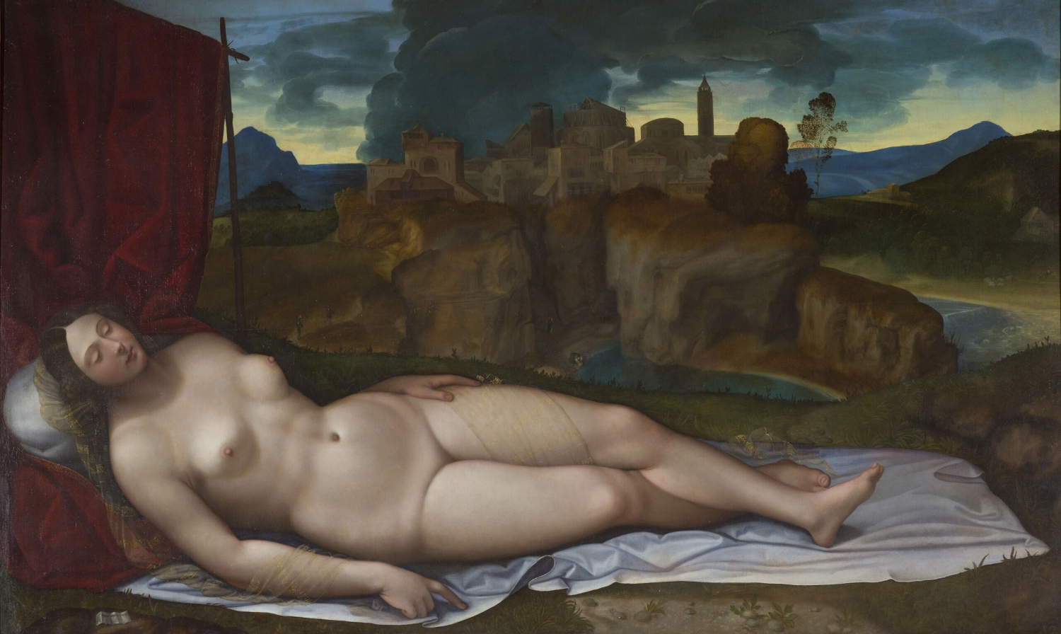 Girolamo da Treviso (v. 1498 - v. 1544) ou Monogrammiste HIRT - TV (XVIe siècle), Vénus endormie (v. 1515 ; huile sur toile, 130 x 213 cm ; Rome, Galleria Borghese, Inv. 030) Crédit : Galleria Borghese, Rome