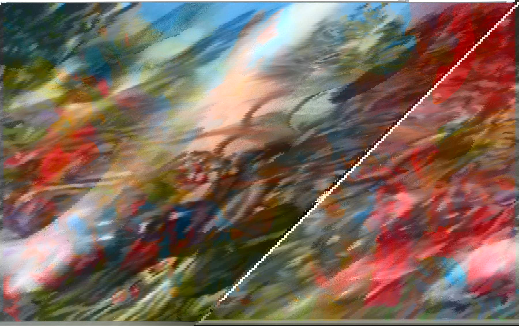 Jorge R. Pombo, Variazione di &lsquo;Le tentazioni di Cristo&rsquo; di Botticelli (2025; olio su lino, 300 x 480 cm)