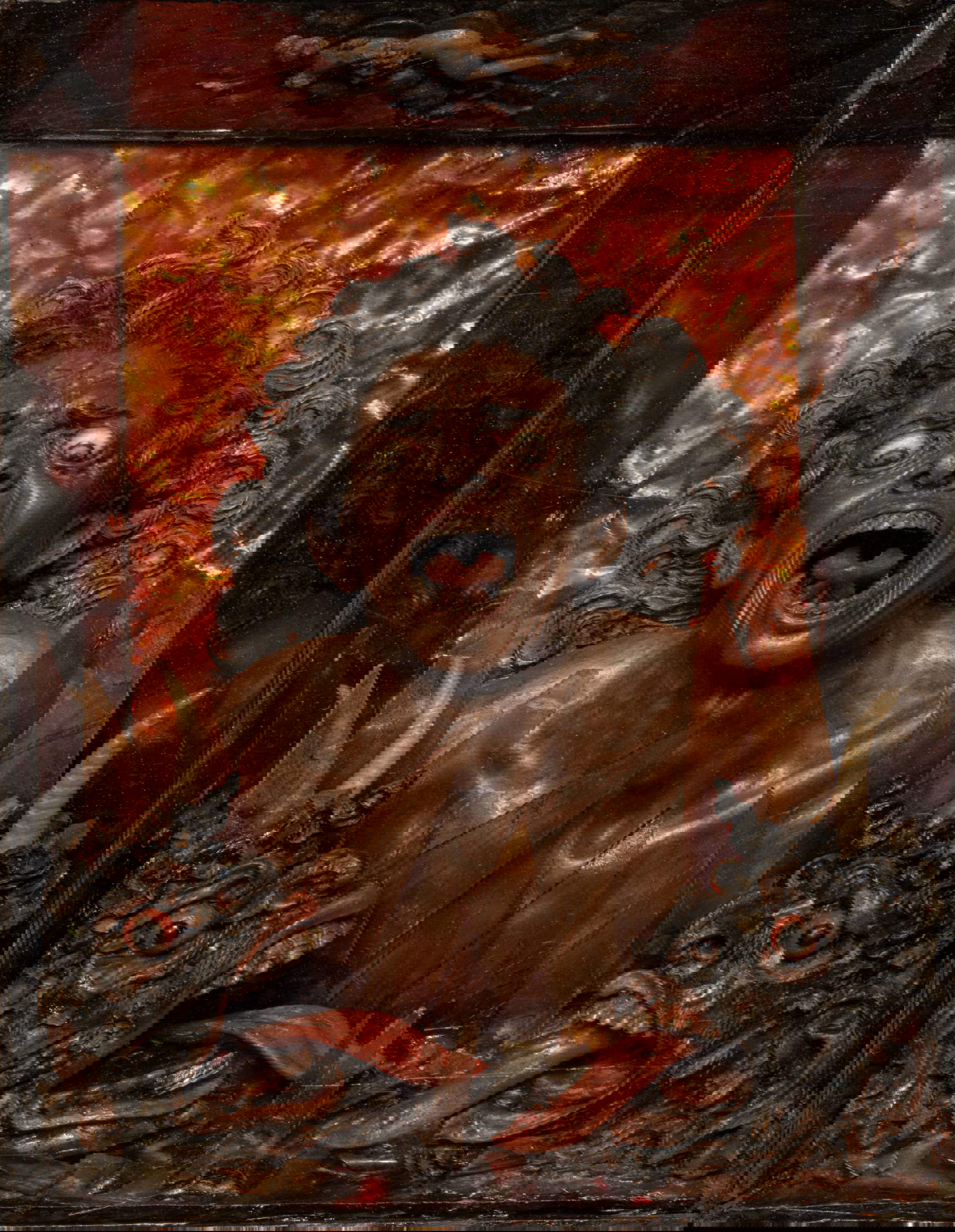 Giulio de Grazia (attribué), Anima Dannata (vers 1600-1620 ; cire polychrome, verre, os, mica, miroir, 17 x 12 cm ; Florence, galeries des Offices, Palazzo Pitti, Trésor des Grands Ducs)