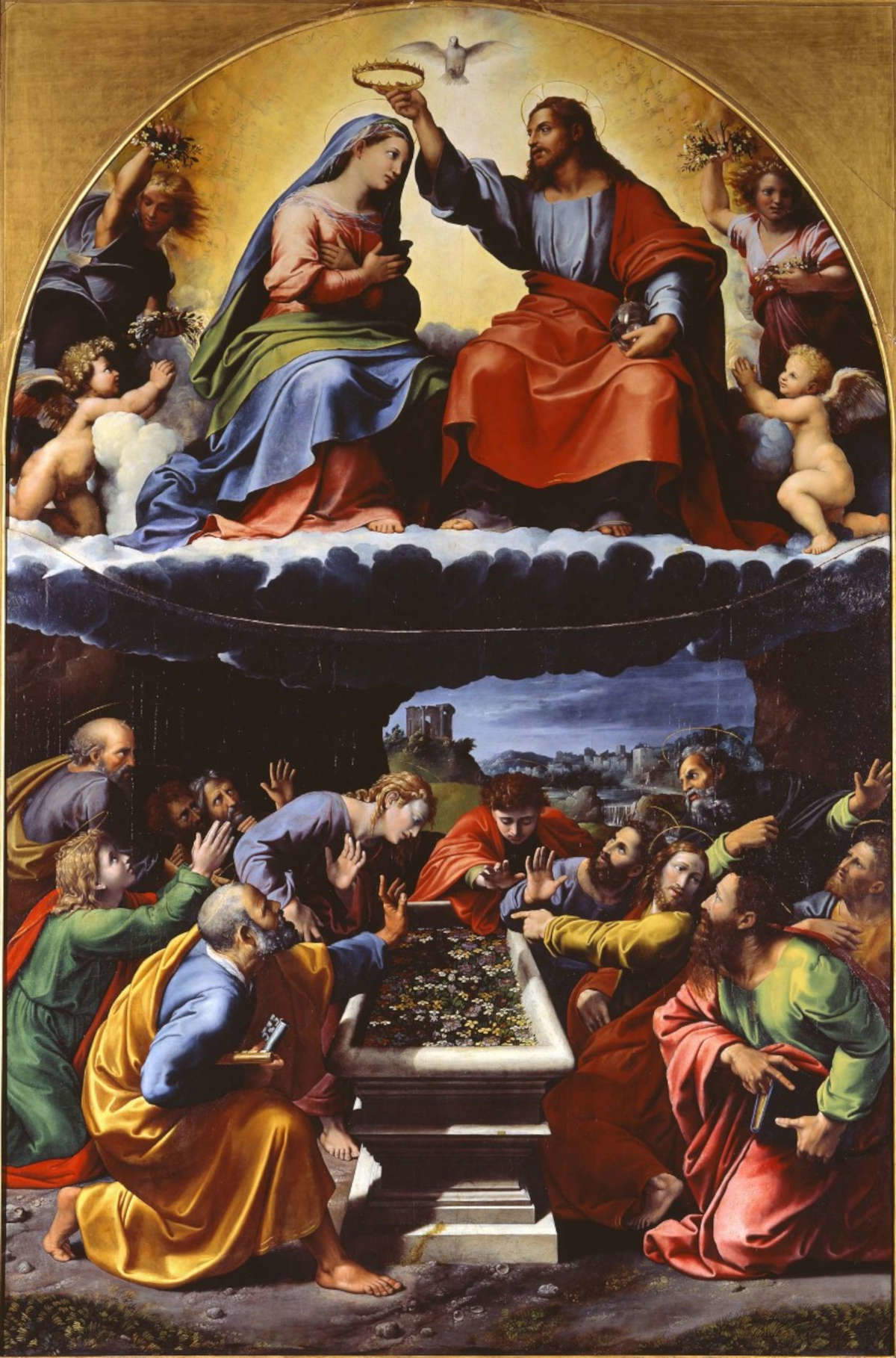 Giulio Romano e Giovanni Francesco Penni, Incoronazione della Vergine detta Madonna di Monteluce (1523-1525; olio su tavola, 354 x 232 cm; Città del Vaticano, Musei Vaticani, Pinacoteca Vaticana, inv. 40359) Giulio Romano e Giovanni Francesco Penni, Incoronazione della Vergine detta Madonna di Monteluce (1523-1525; olio su tavola, 354 x 232 cm; Città del Vaticano, Musei Vaticani, Pinacoteca Vaticana, inv. 40359)