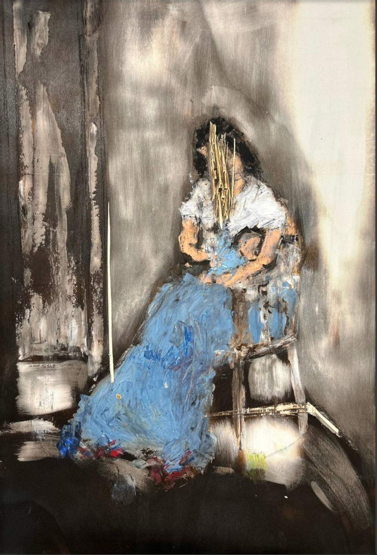 Giuseppe Barilaro, Fausto and Annalisa (2025; combustion and oil on wood; 53 x 77 cm)