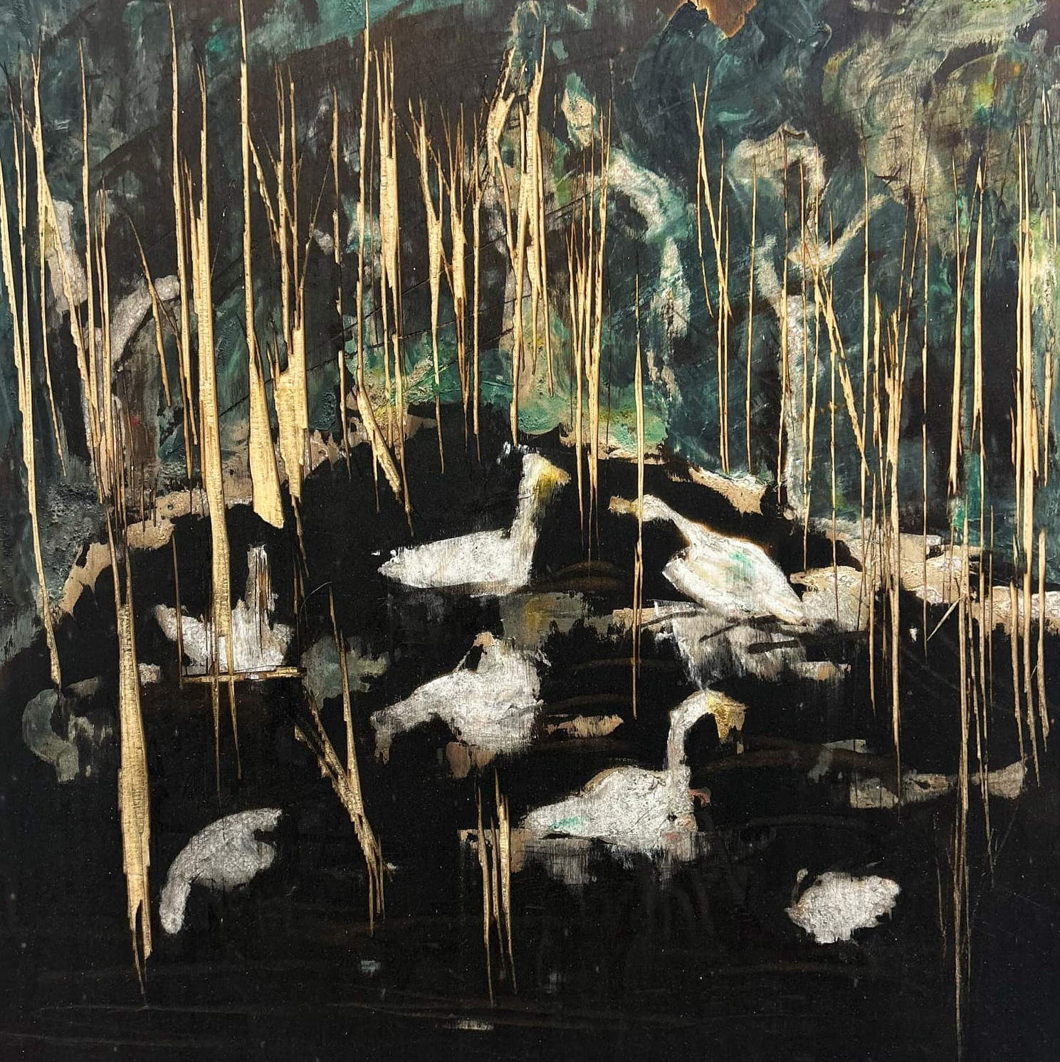 Giuseppe Barilaro, The Pond (2023; combustion and oil on wood; 50 x 50 cm)